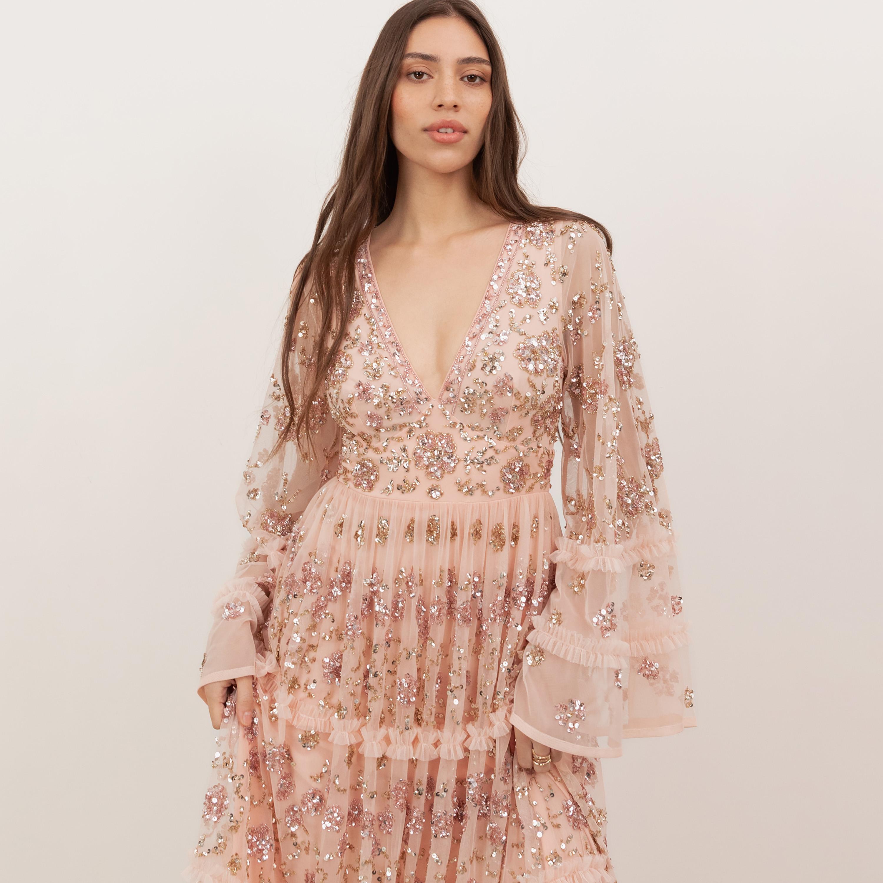 Maya Deluxe Peach Parfait Sequined & Beaded Tulle Flared Sleeves Tiered Women's Evening Maxi Dress-women-clothing-dresses-image-6