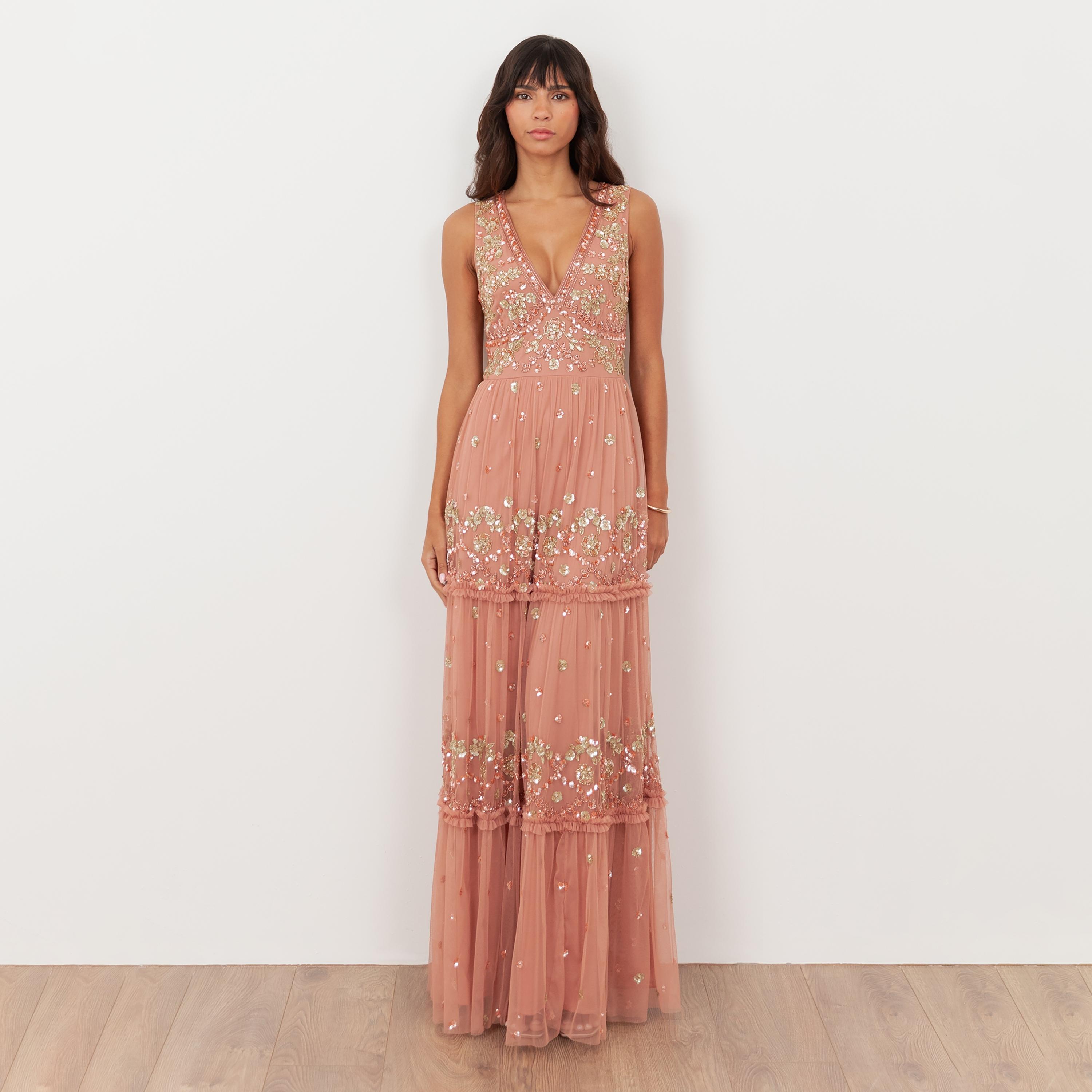 Maya Deluxe Terracotta Pink Sequined & Beaded Tulle Tiered Women's Evening Maxi Dress-women-clothing-dresses-image-1