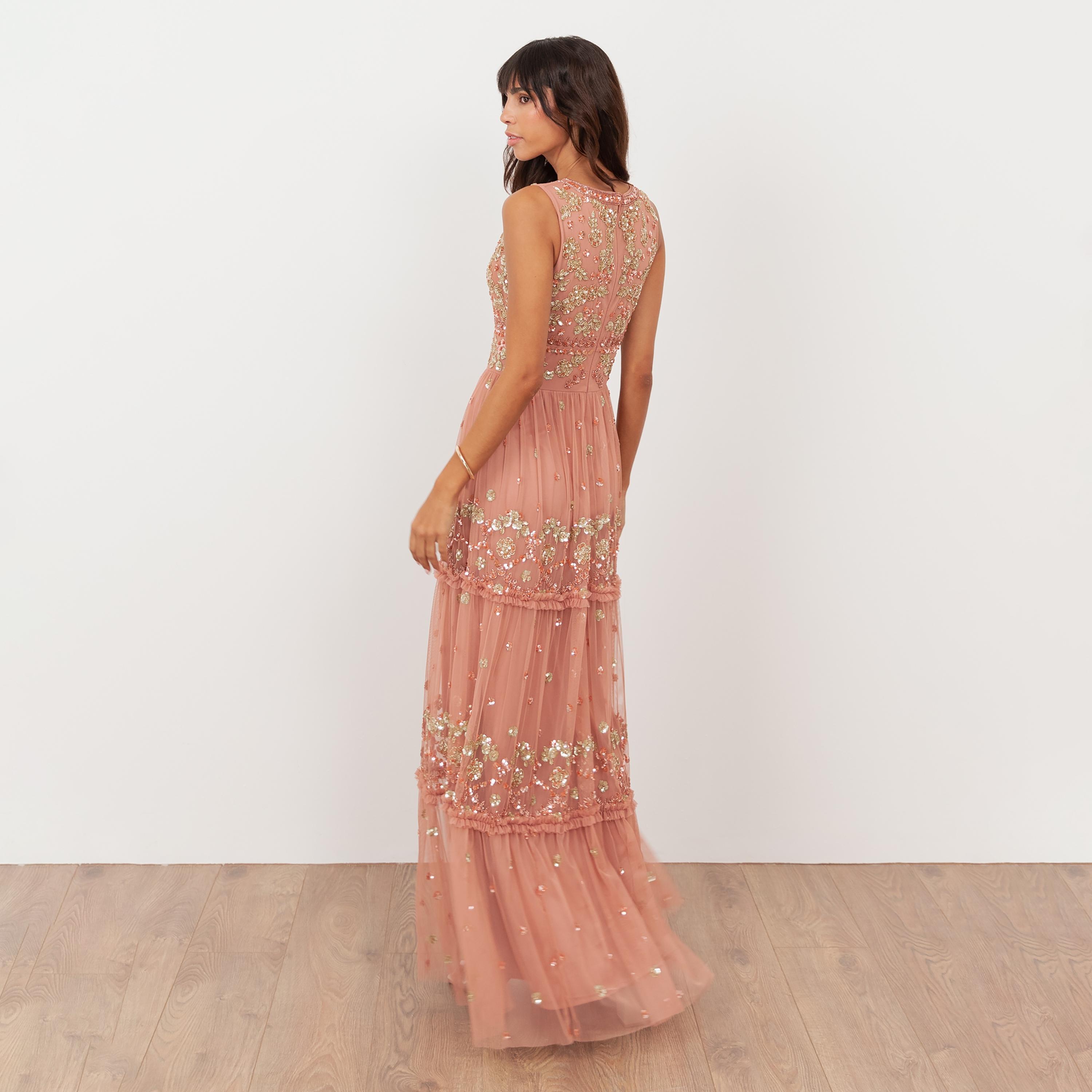 Maya Deluxe Terracotta Pink Sequined & Beaded Tulle Tiered Women's Evening Maxi Dress-women-clothing-dresses-image-2