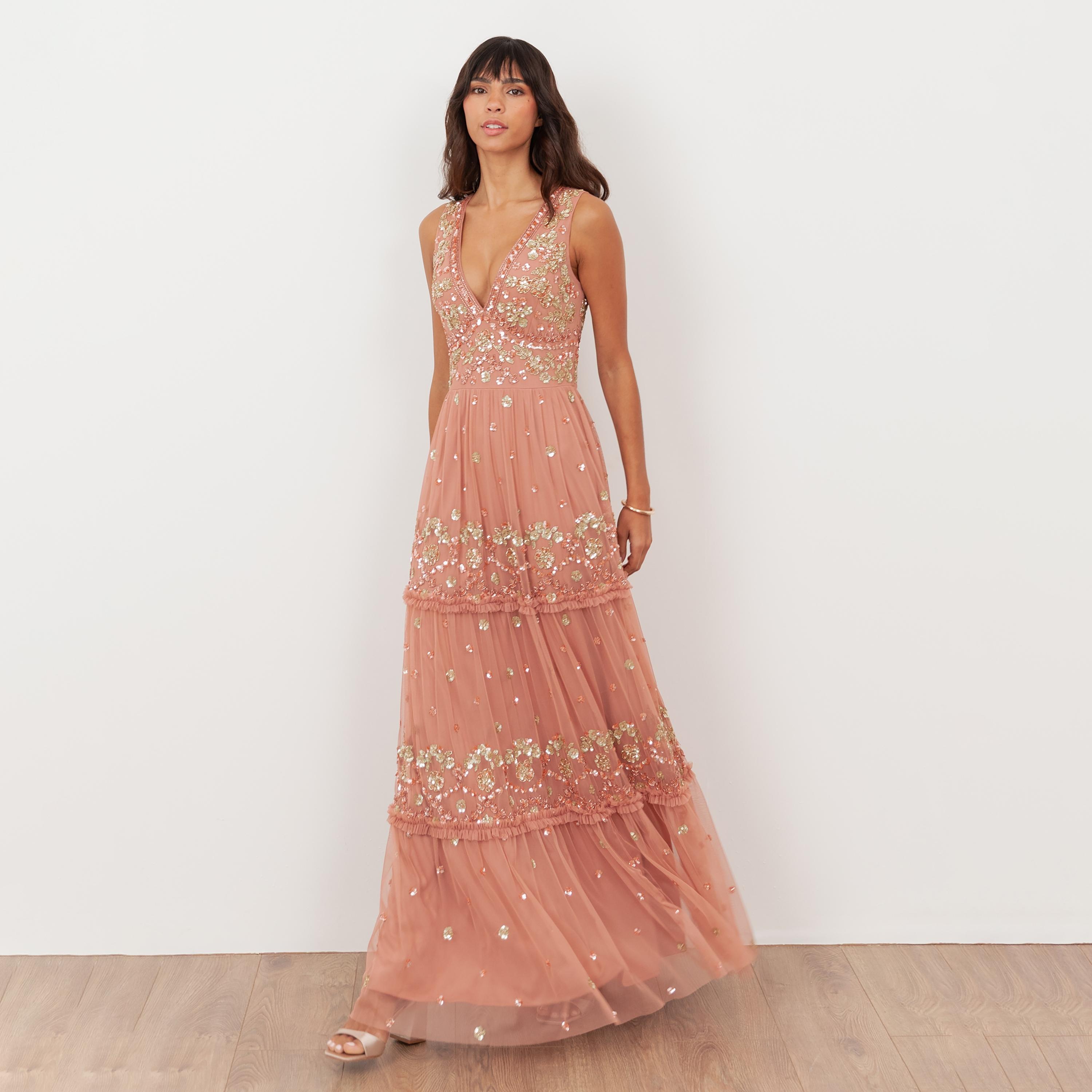Maya Deluxe Terracotta Pink Sequined & Beaded Tulle Tiered Women's Evening Maxi Dress-women-clothing-dresses-image-3