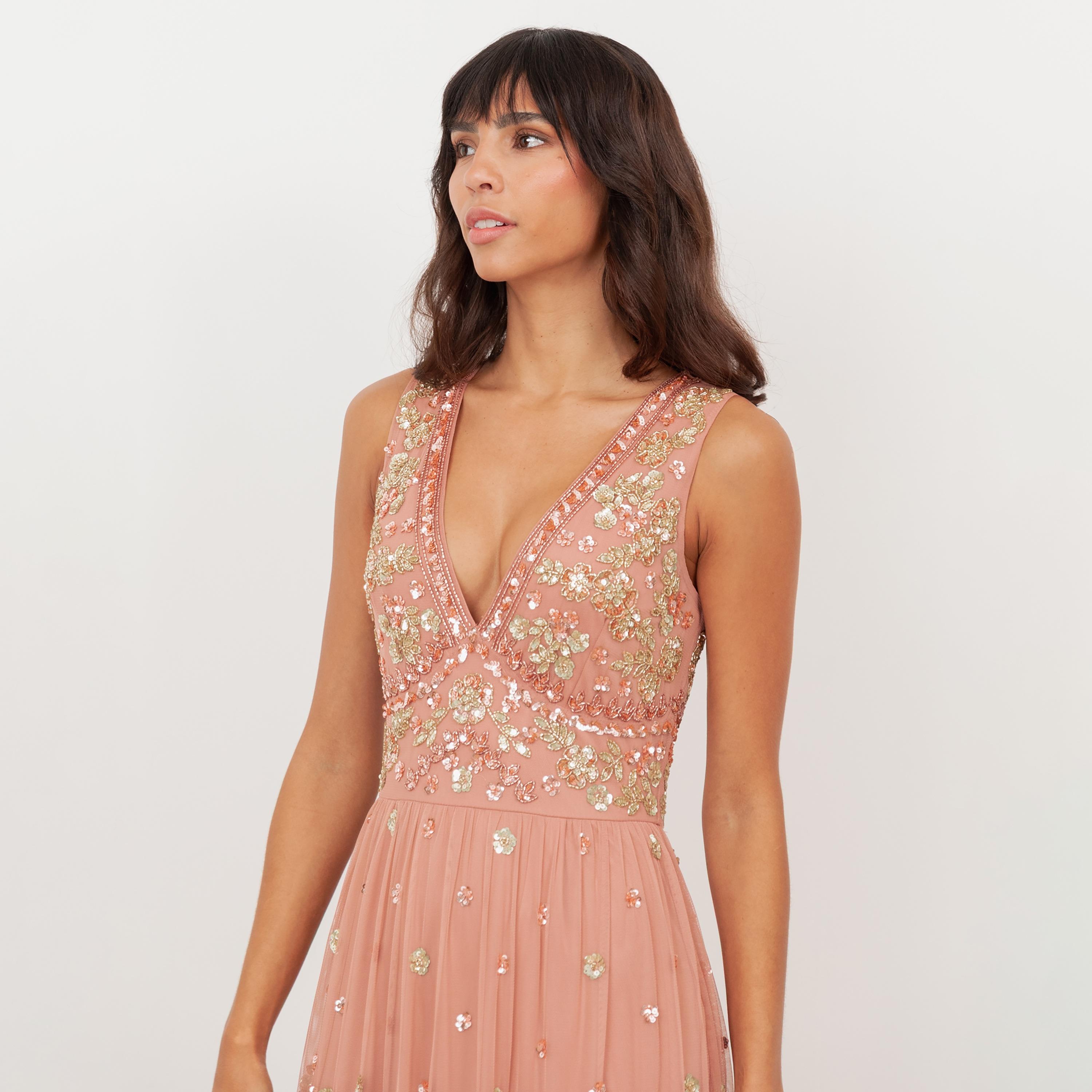 Maya Deluxe Terracotta Pink Sequined & Beaded Tulle Tiered Women's Evening Maxi Dress-women-clothing-dresses-image-4