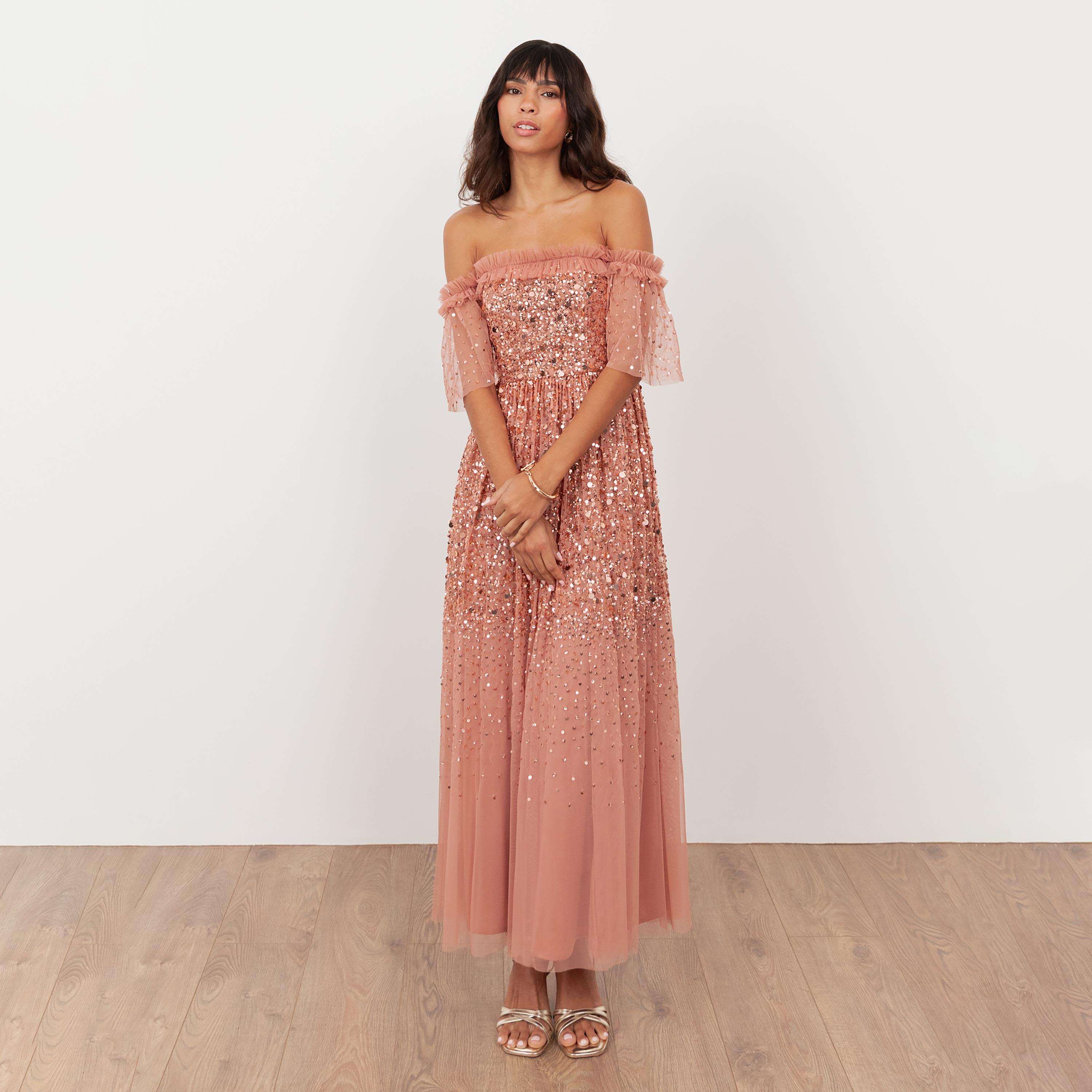Maya Deluxe Terracotta Pink Sequined Tulle Off-Shoulder Fit & Flared Women's Evening Midaxi Dress-women-clothing-dresses-image-1