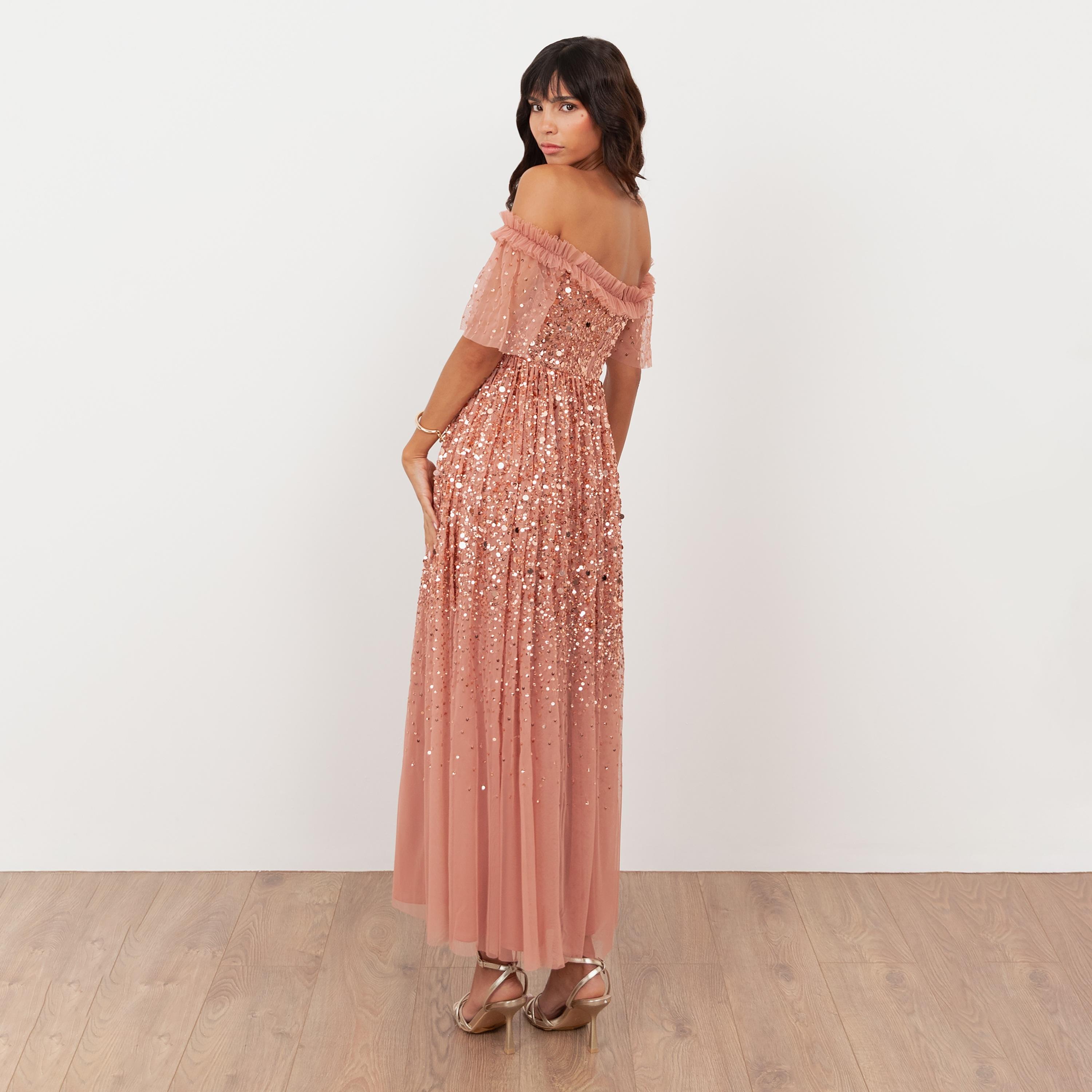Maya Deluxe Terracotta Pink Sequined Tulle Off-Shoulder Fit & Flared Women's Evening Midaxi Dress-women-clothing-dresses-image-2