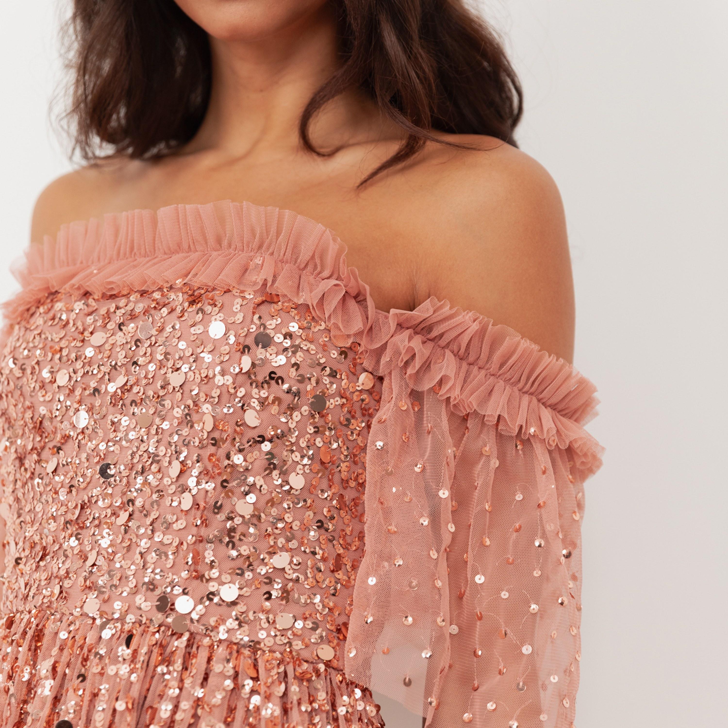 Maya Deluxe Terracotta Pink Sequined Tulle Off-Shoulder Fit & Flared Women's Evening Midaxi Dress-women-clothing-dresses-image-3