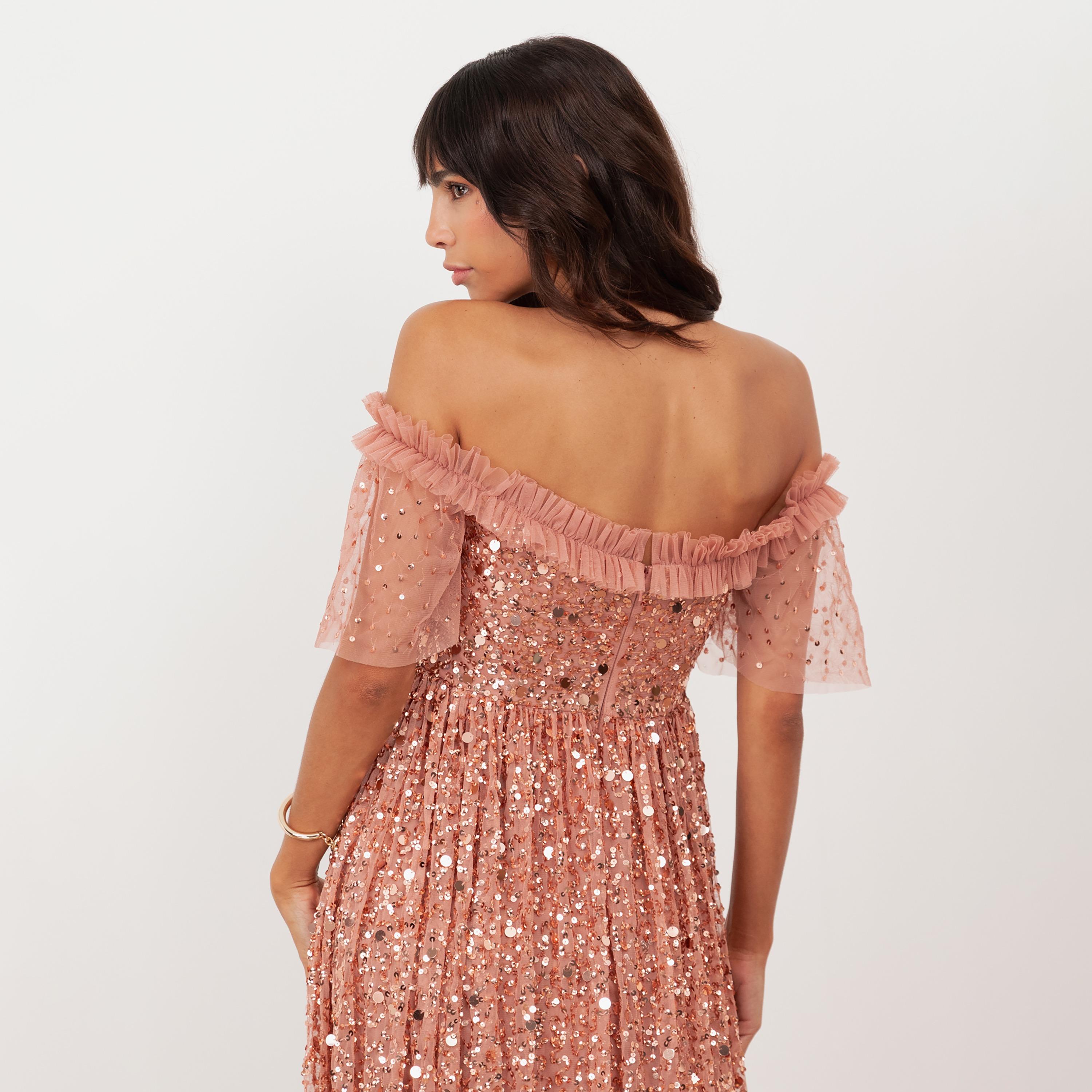 Maya Deluxe Terracotta Pink Sequined Tulle Off-Shoulder Fit & Flared Women's Evening Midaxi Dress-women-clothing-dresses-image-4