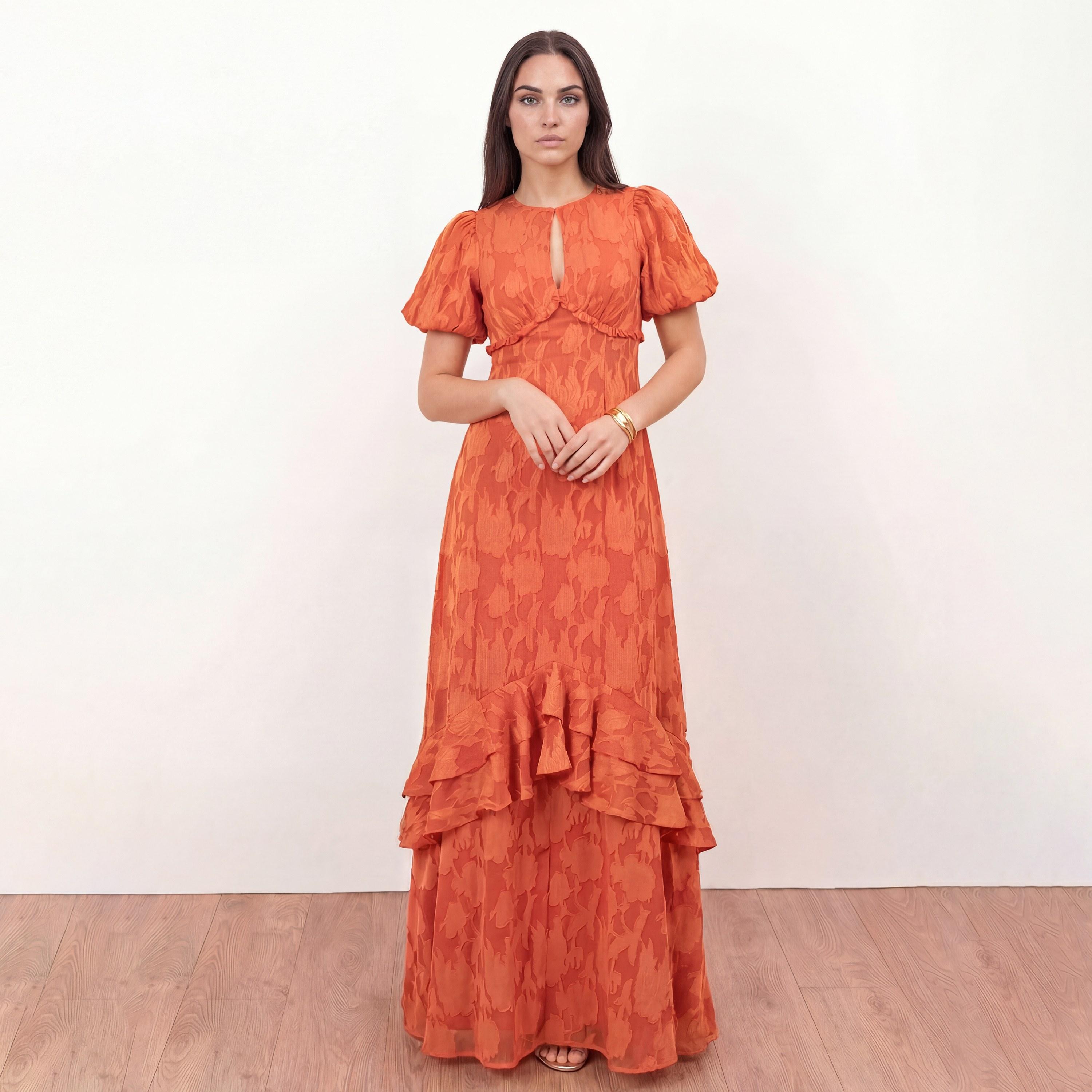 Anaya With Love Recycled Spiced Orange Burnout Floral Georgette Puff Sleeves Women's Maxi Dress-women-clothing-dresses-image-1