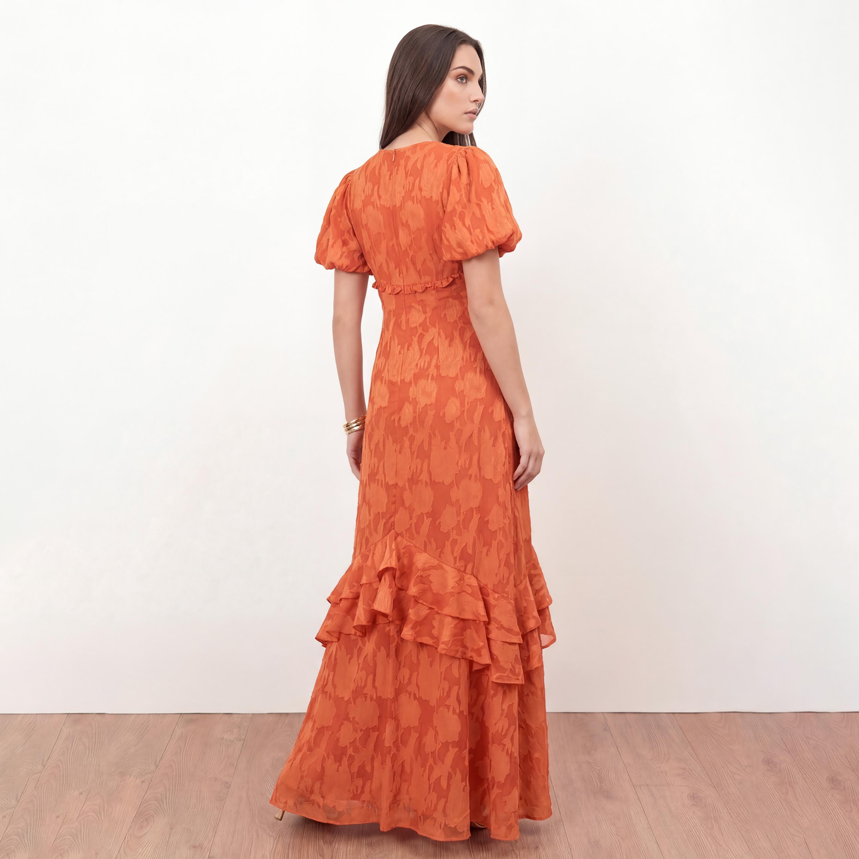 Anaya With Love Recycled Spiced Orange Burnout Floral Georgette Puff Sleeves Women's Maxi Dress-women-clothing-dresses-image-2