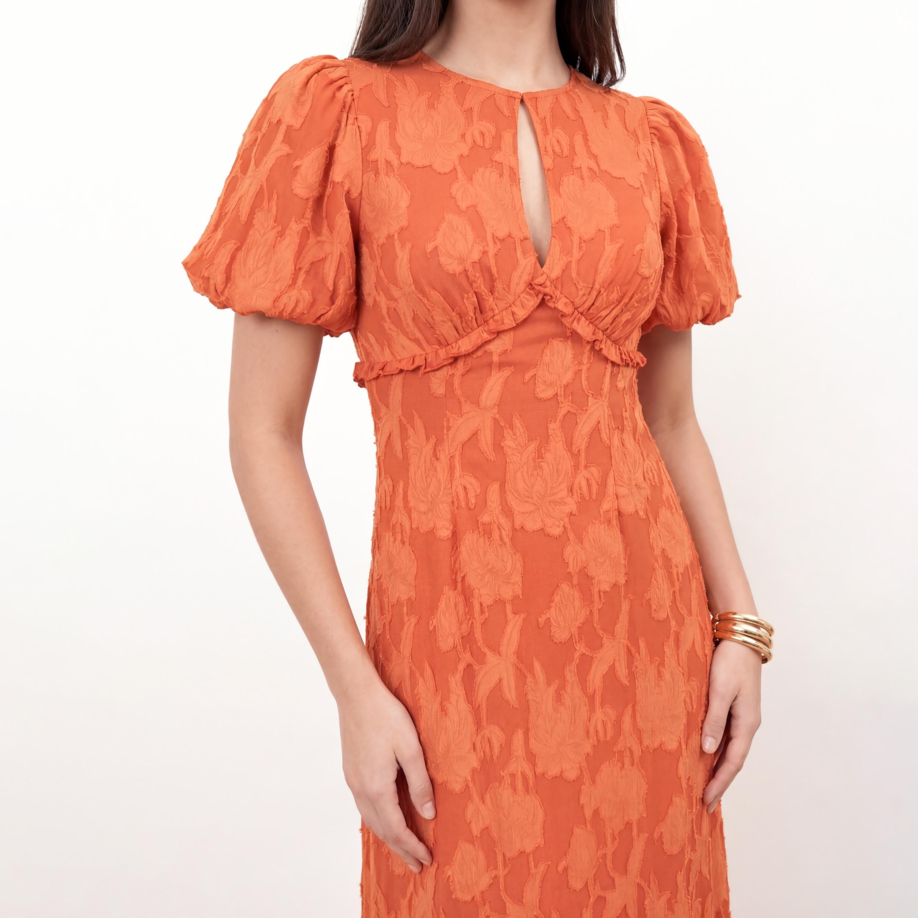 Anaya With Love Recycled Spiced Orange Burnout Floral Georgette Puff Sleeves Women's Maxi Dress-women-clothing-dresses-image-3