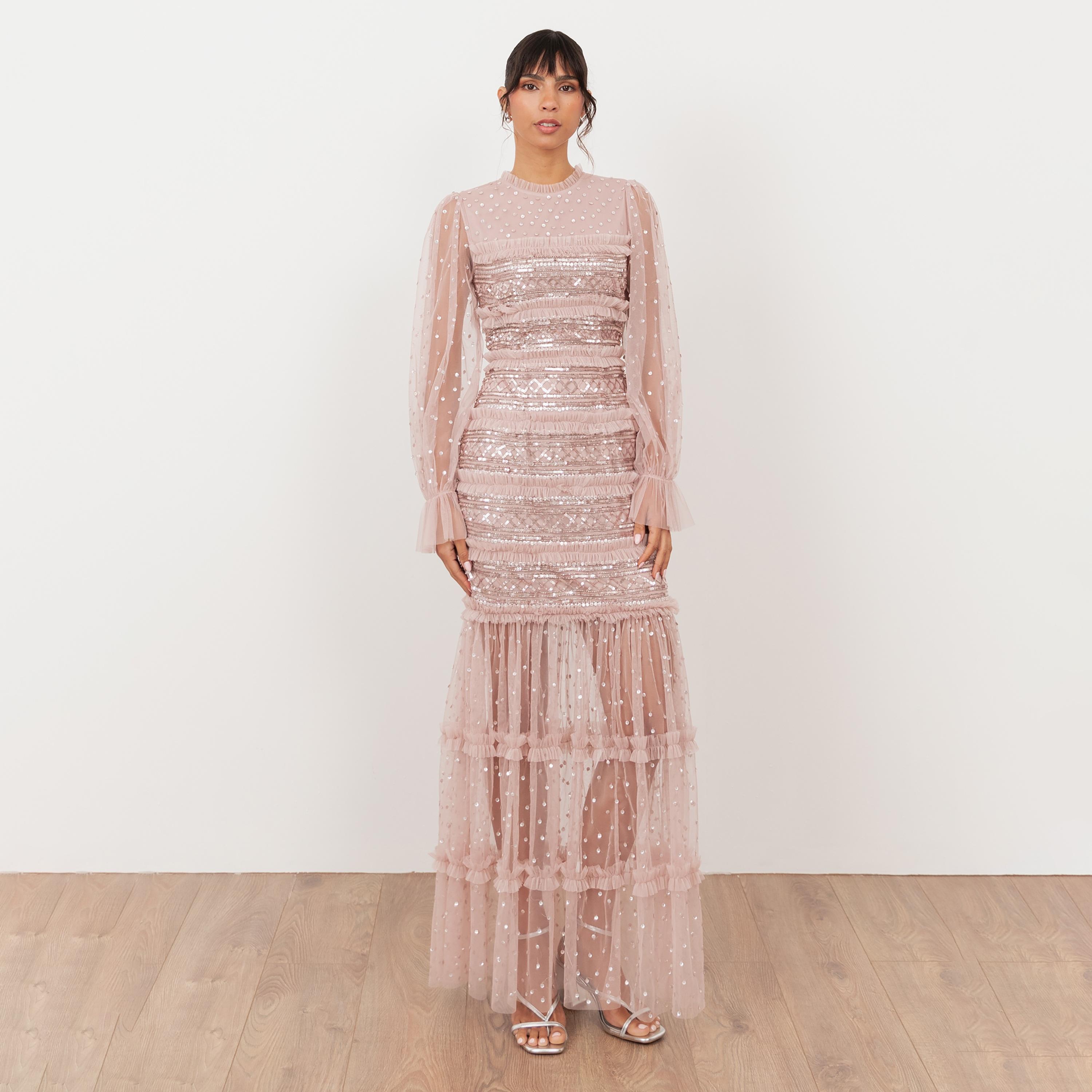 Maya Deluxe Frosted Pink Sequined Tulle Balloon Sleeves Tiered Women's Evening Maxi Dress-women-clothing-dresses-image-1