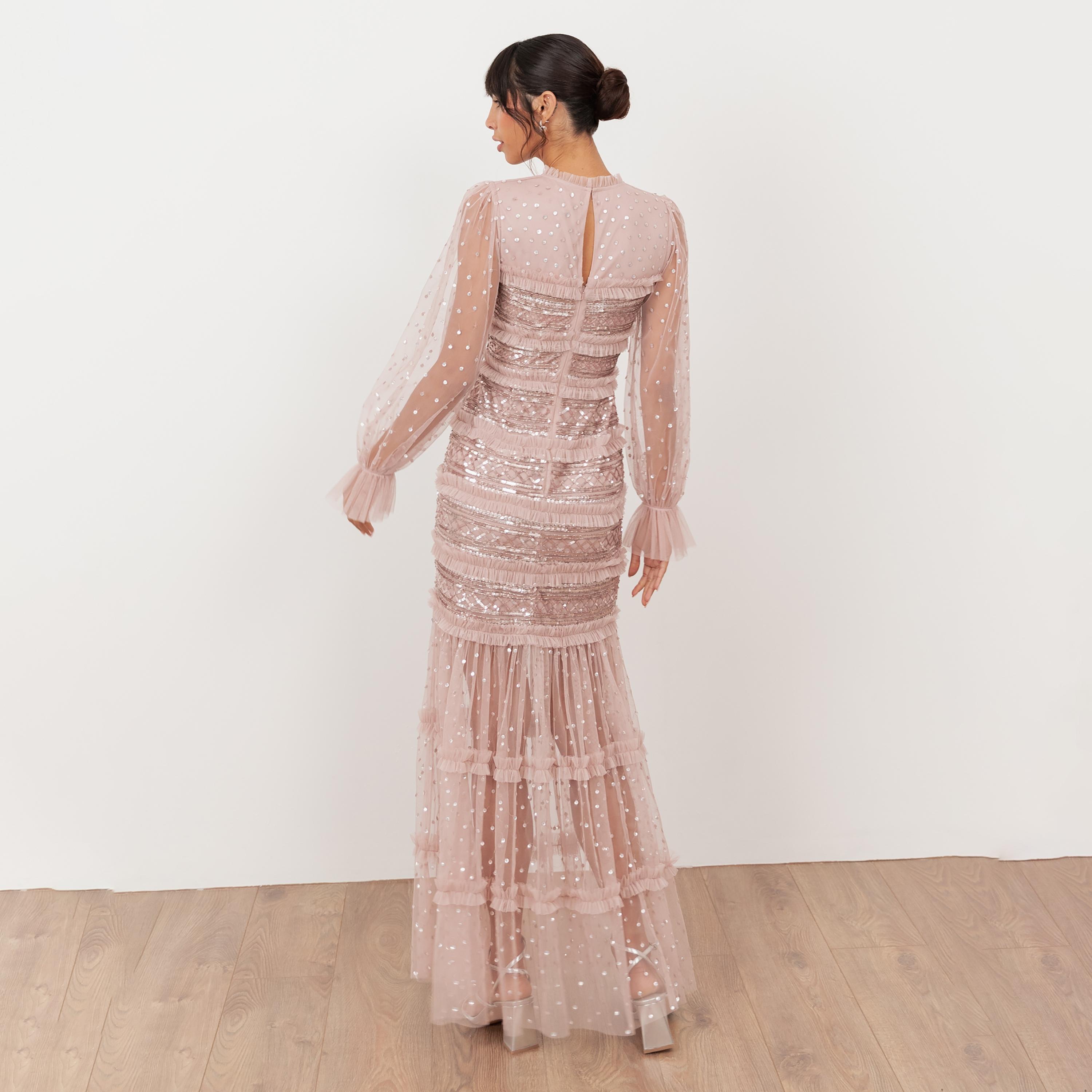 Maya Deluxe Frosted Pink Sequined Tulle Balloon Sleeves Tiered Women's Evening Maxi Dress-women-clothing-dresses-image-2