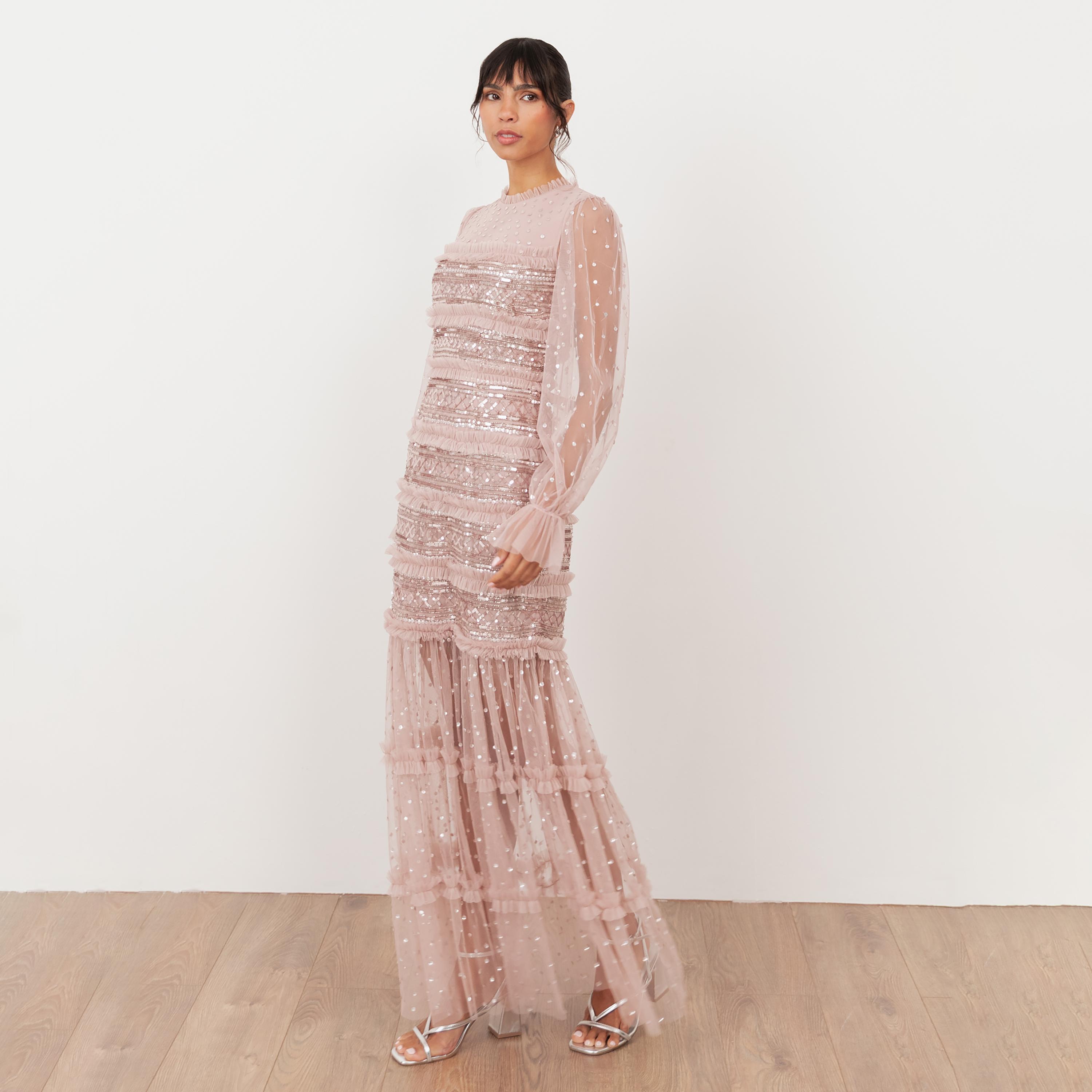 Maya Deluxe Frosted Pink Sequined Tulle Balloon Sleeves Tiered Women's Evening Maxi Dress-women-clothing-dresses-image-3