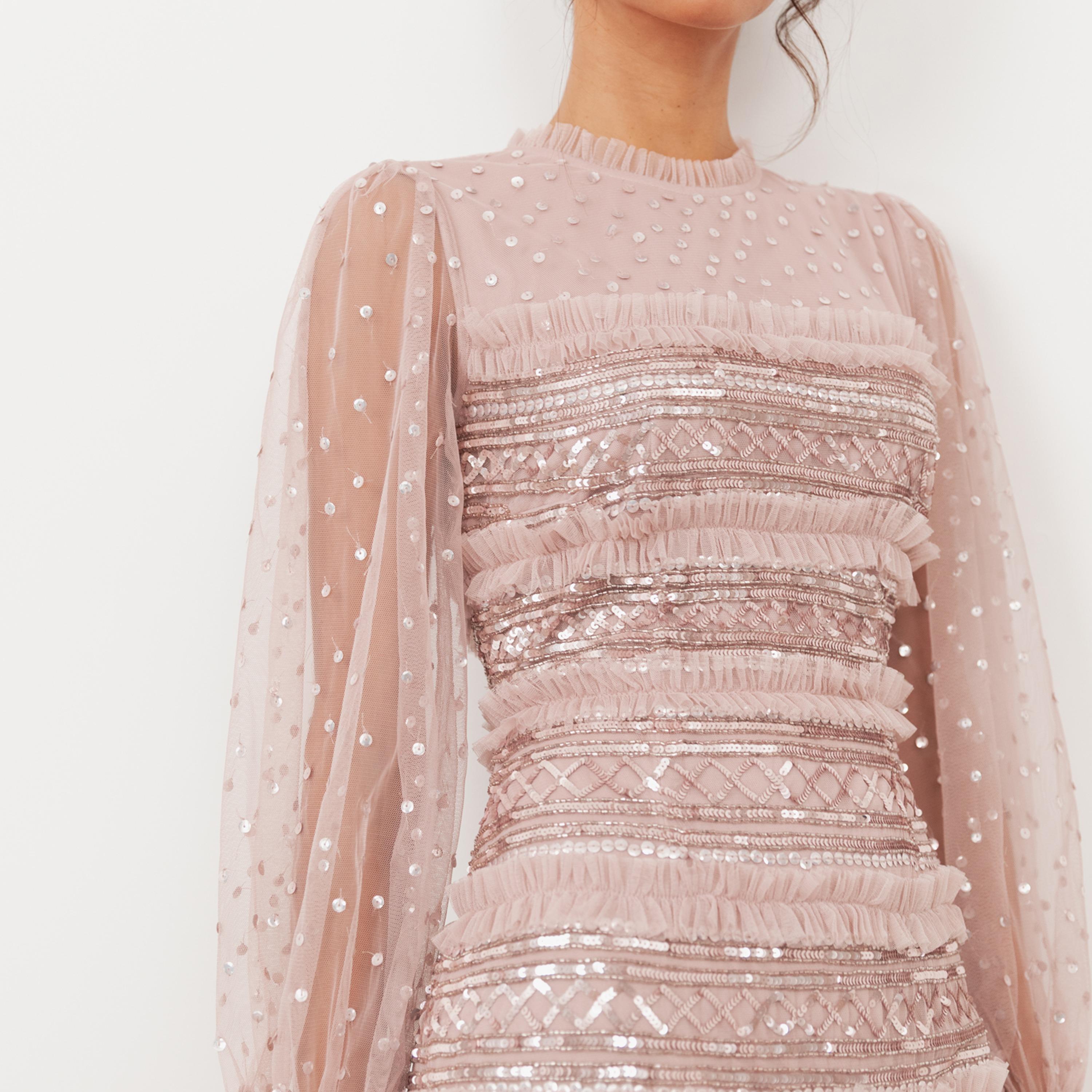 Maya Deluxe Frosted Pink Sequined Tulle Balloon Sleeves Tiered Women's Evening Maxi Dress-women-clothing-dresses-image-4