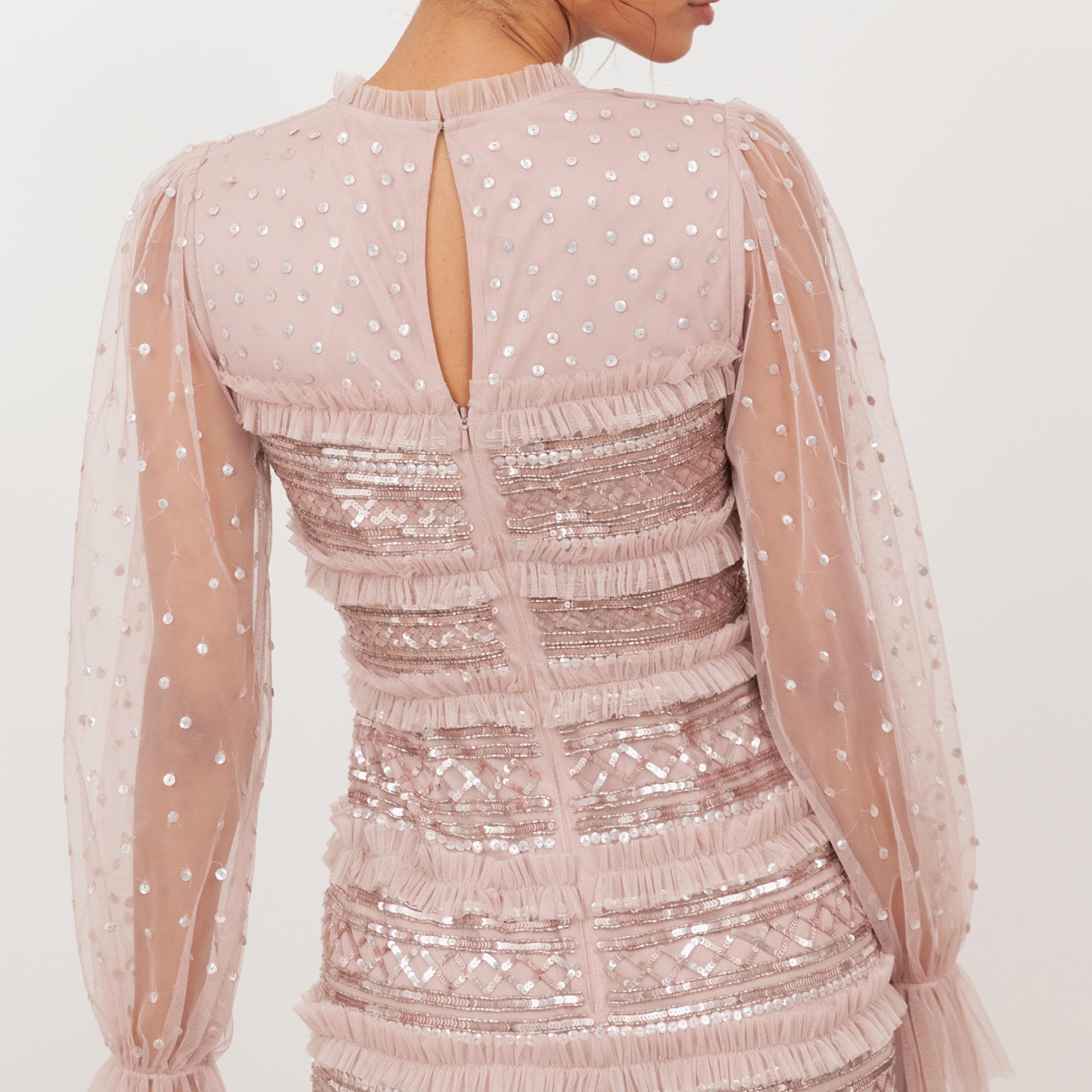 Maya Deluxe Frosted Pink Sequined Tulle Balloon Sleeves Tiered Women's Evening Maxi Dress-women-clothing-dresses-image-5