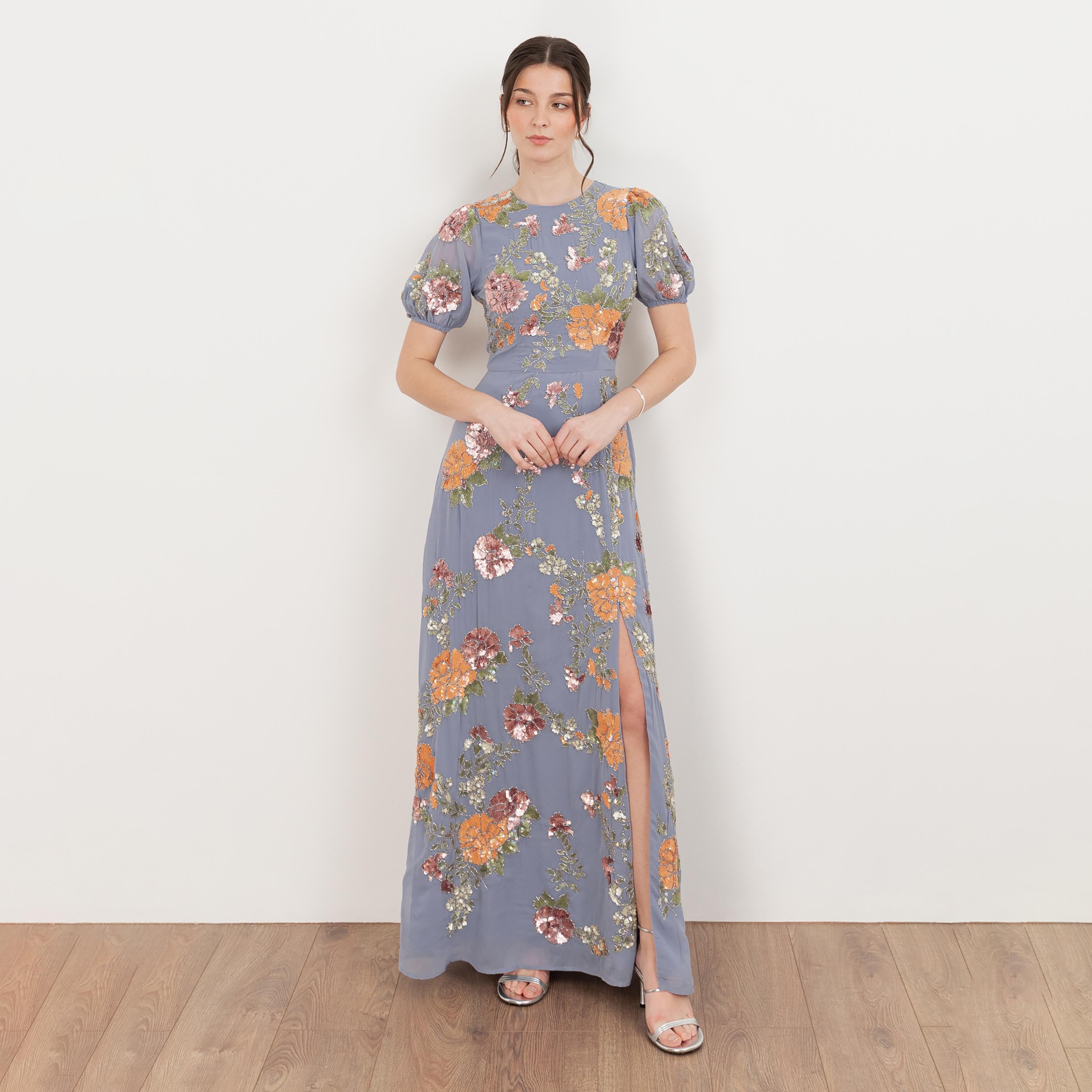 Maya Deluxe Wisteria Blue Sequined Georgette Puff Sleeves Women's Evening Maxi Dress-women-clothing-dresses-image-1