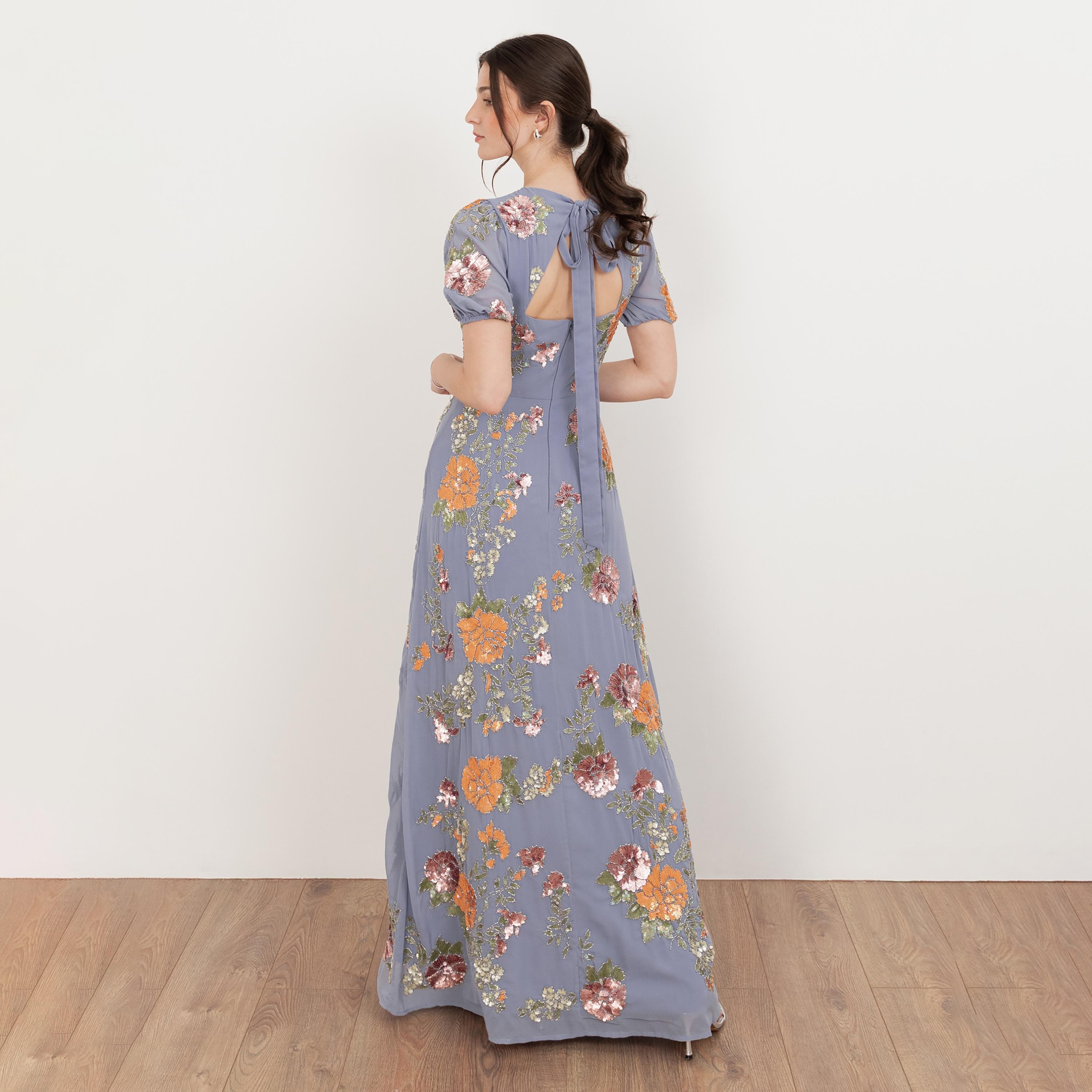 Maya Deluxe Wisteria Blue Sequined Georgette Puff Sleeves Women's Evening Maxi Dress-women-clothing-dresses-image-2