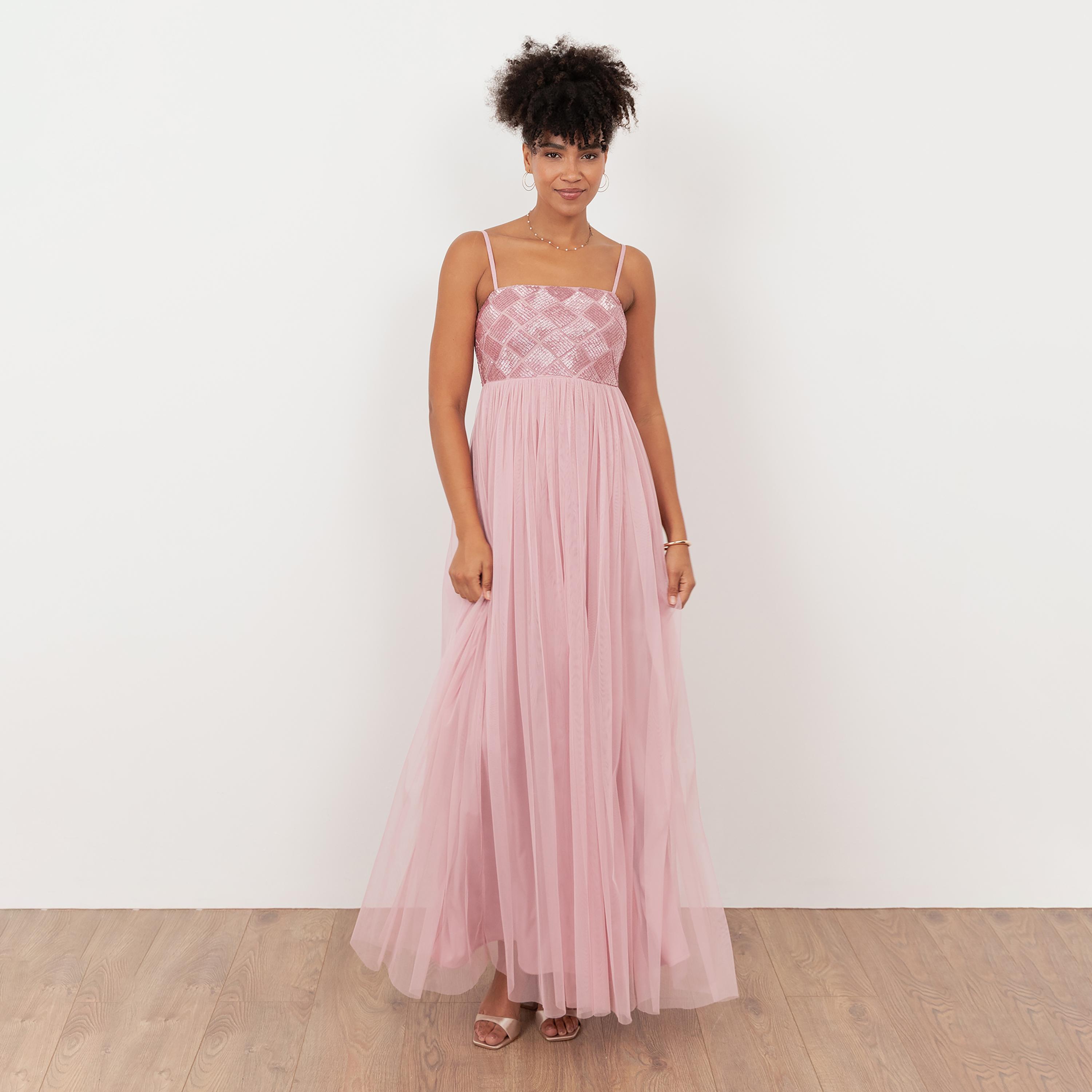 Maya Deluxe Beaded Tulle Shoulder Straps Fit & Flared Women's Evening Maxi Dress-women-clothing-dresses-image-1