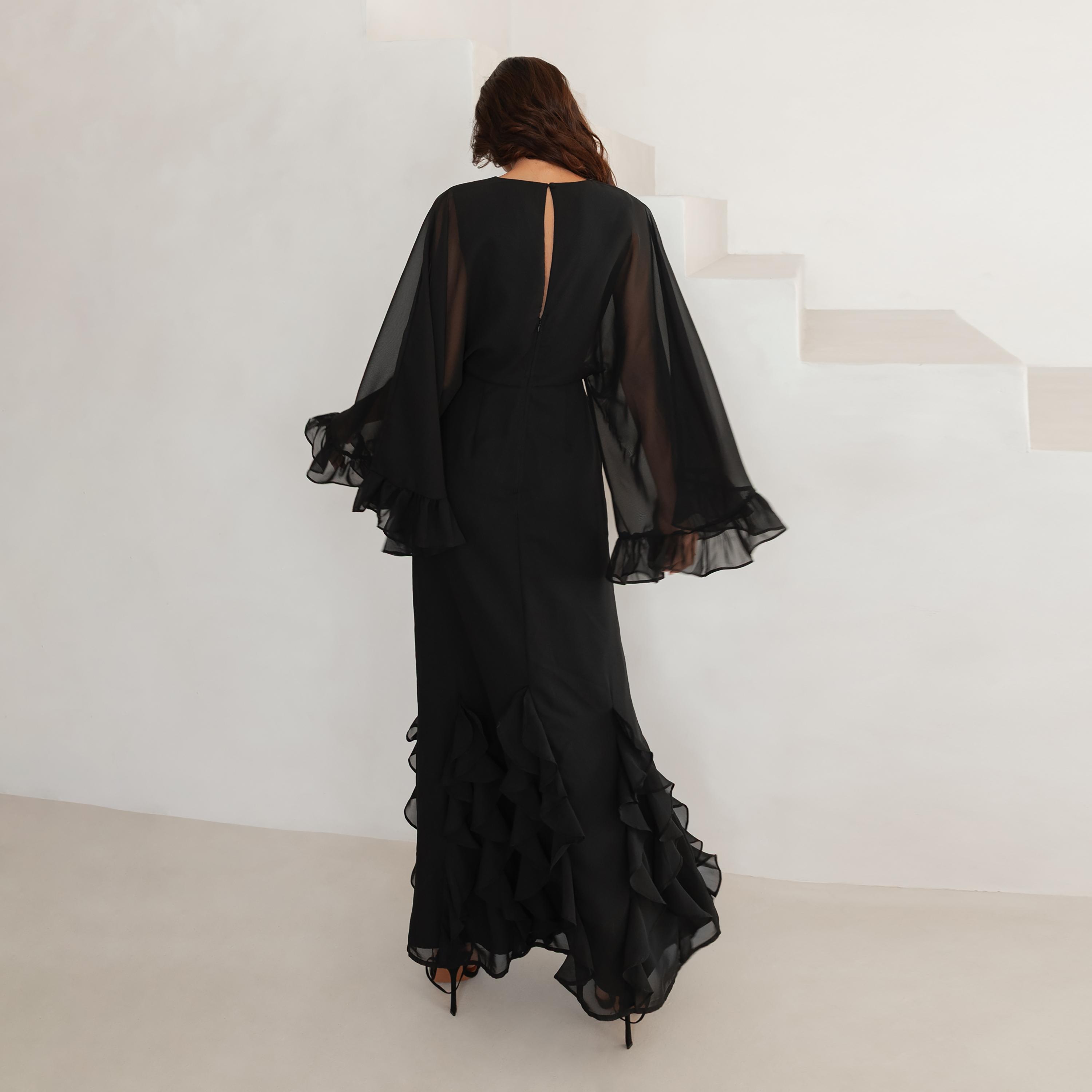 Anaya With Love Recycled Black Georgette Wide Sleeves Ruffled Women's Maxi Dress-women-clothing-dresses-image-2