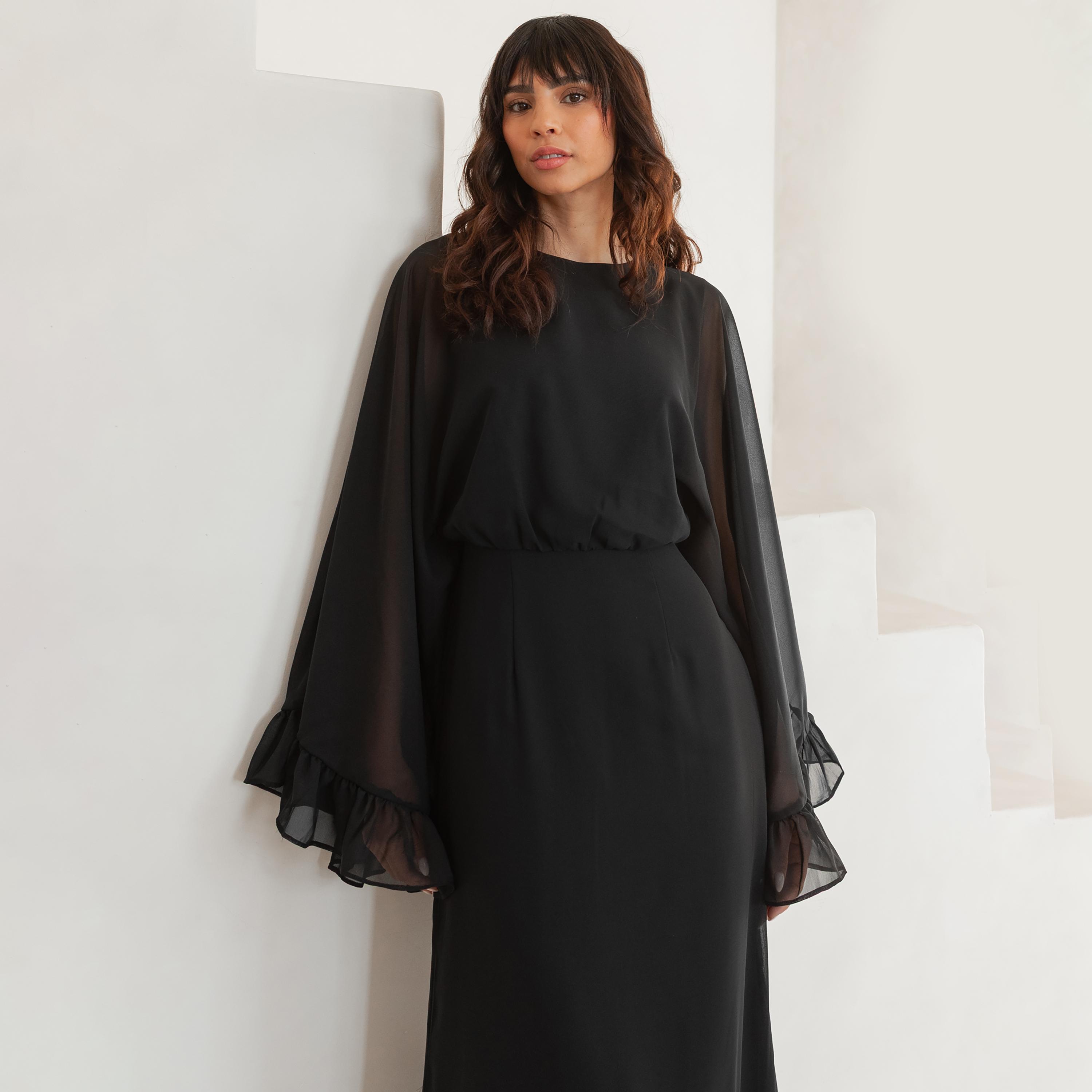 Anaya With Love Recycled Black Georgette Wide Sleeves Ruffled Women's Maxi Dress-women-clothing-dresses-image-5