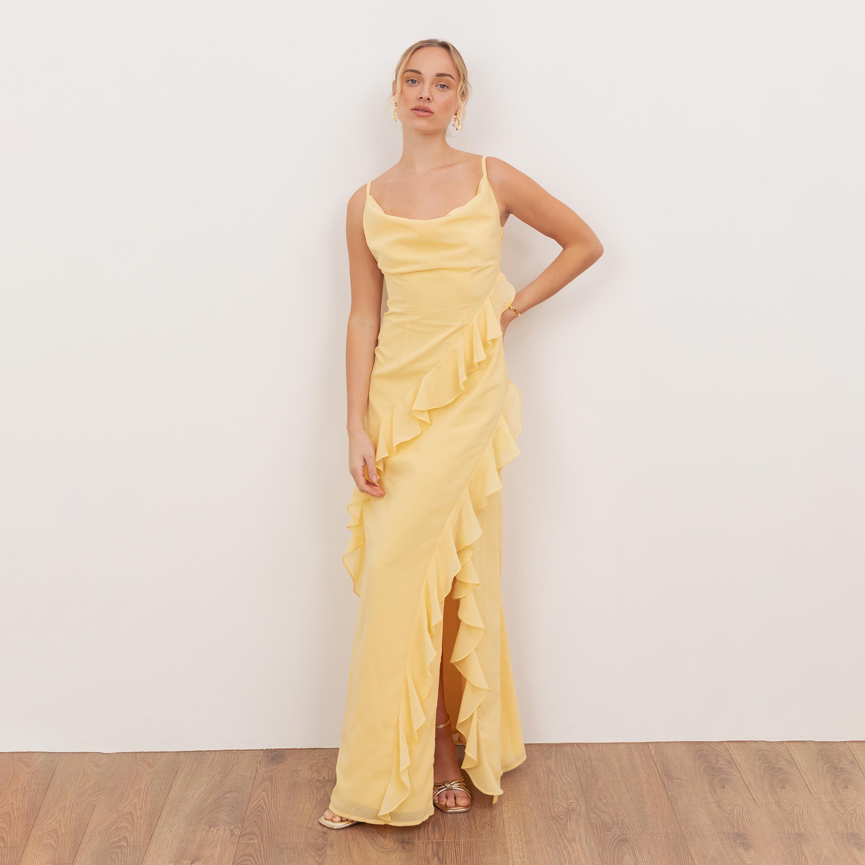 Anaya With Love Recycled Butter Yellow Georgette Cowl Neck Ruffled Women's Maxi Dress-women-clothing-dresses-image-1