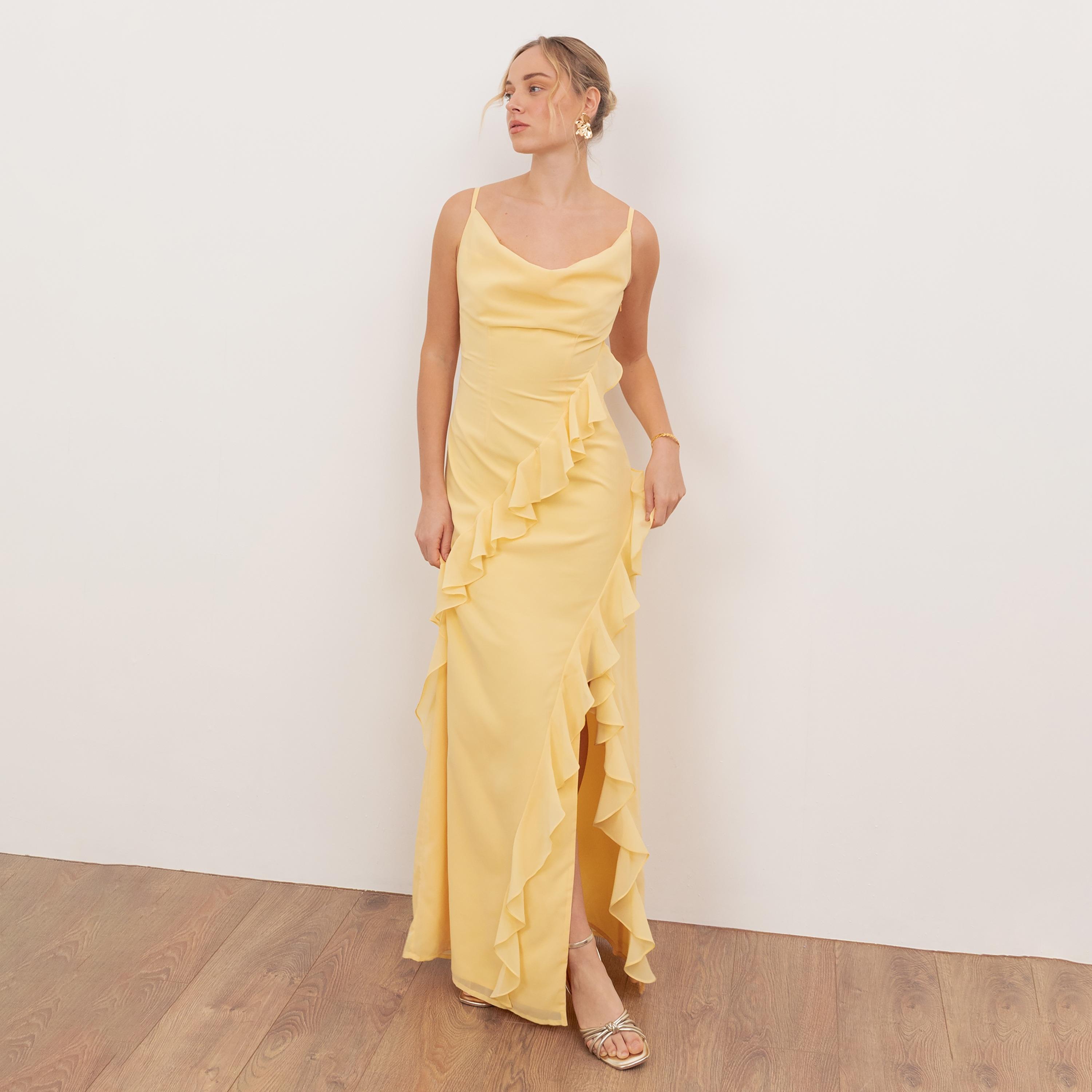 Anaya With Love Recycled Butter Yellow Georgette Cowl Neck Ruffled Women's Maxi Dress-women-clothing-dresses-image-3