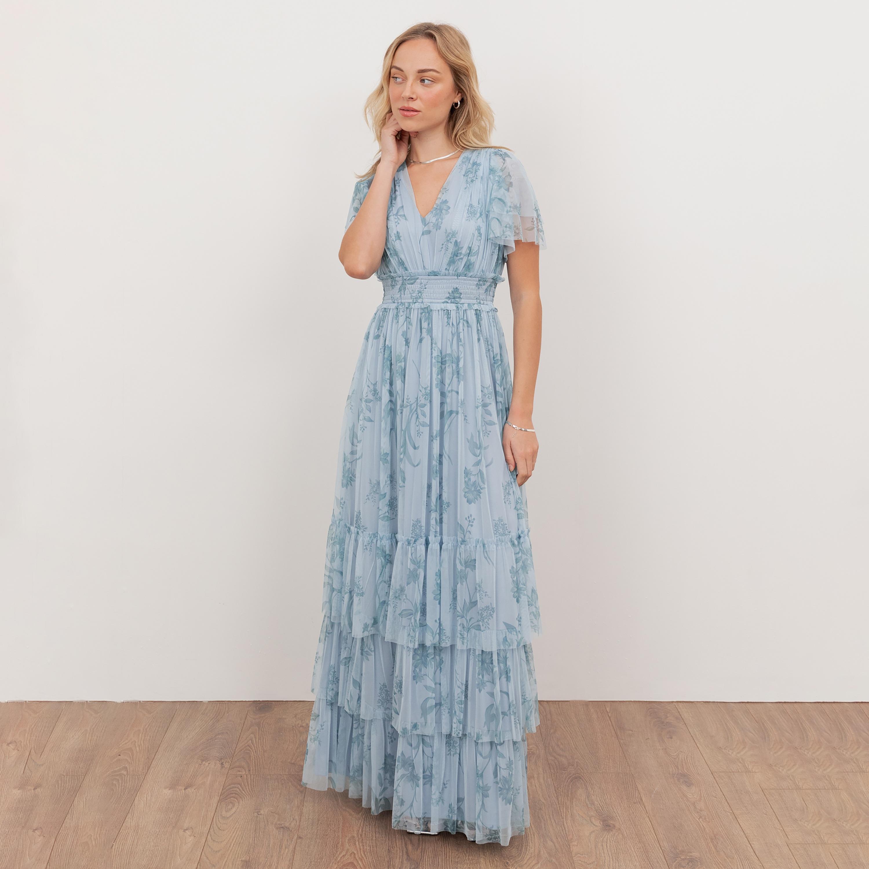 Anaya With Love Recycled Blue Floral Print Tulle Flutter Sleeves Layered Women's Maxi Dress-women-clothing-dresses-image-1