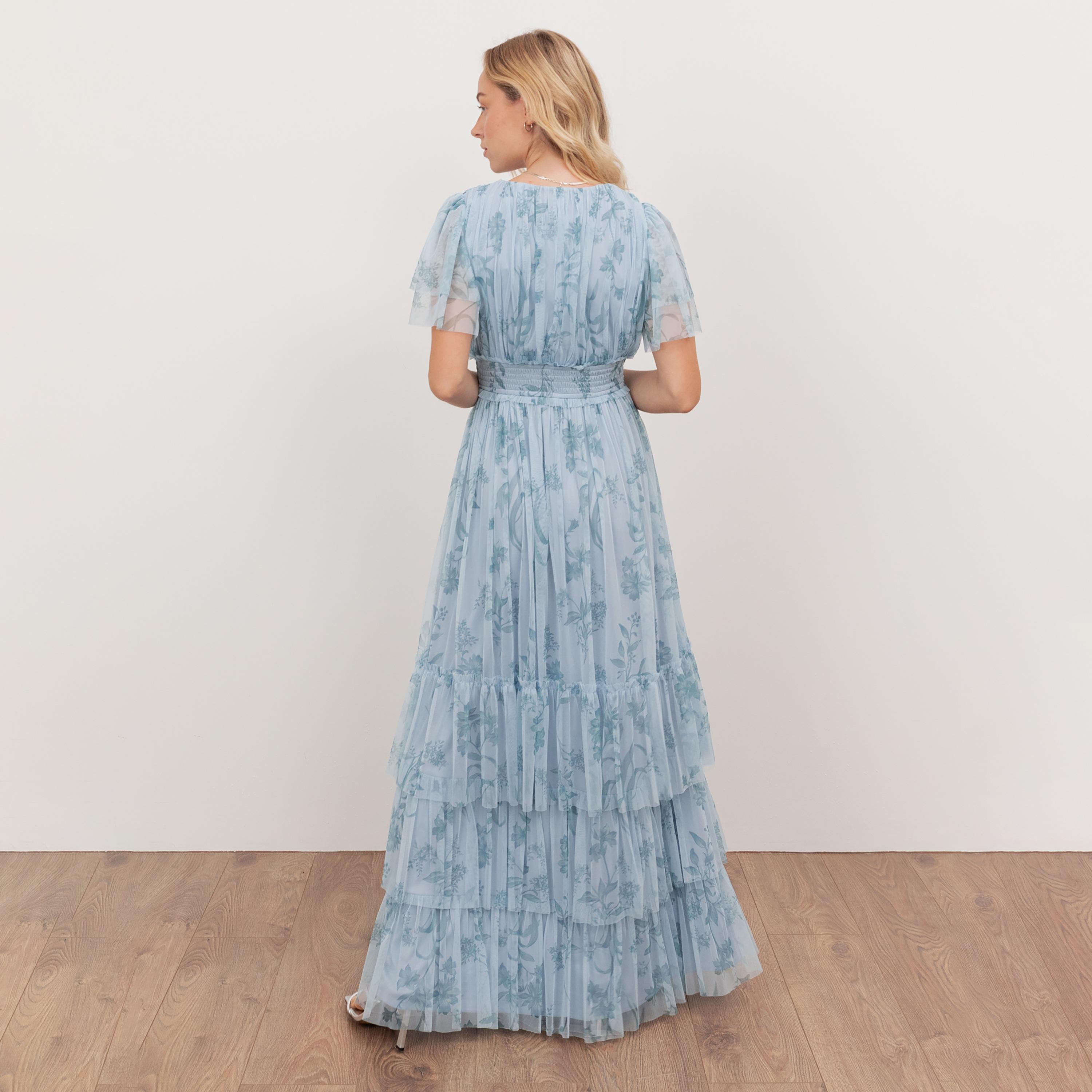 Anaya With Love Recycled Blue Floral Print Tulle Flutter Sleeves Layered Women's Maxi Dress-women-clothing-dresses-image-2