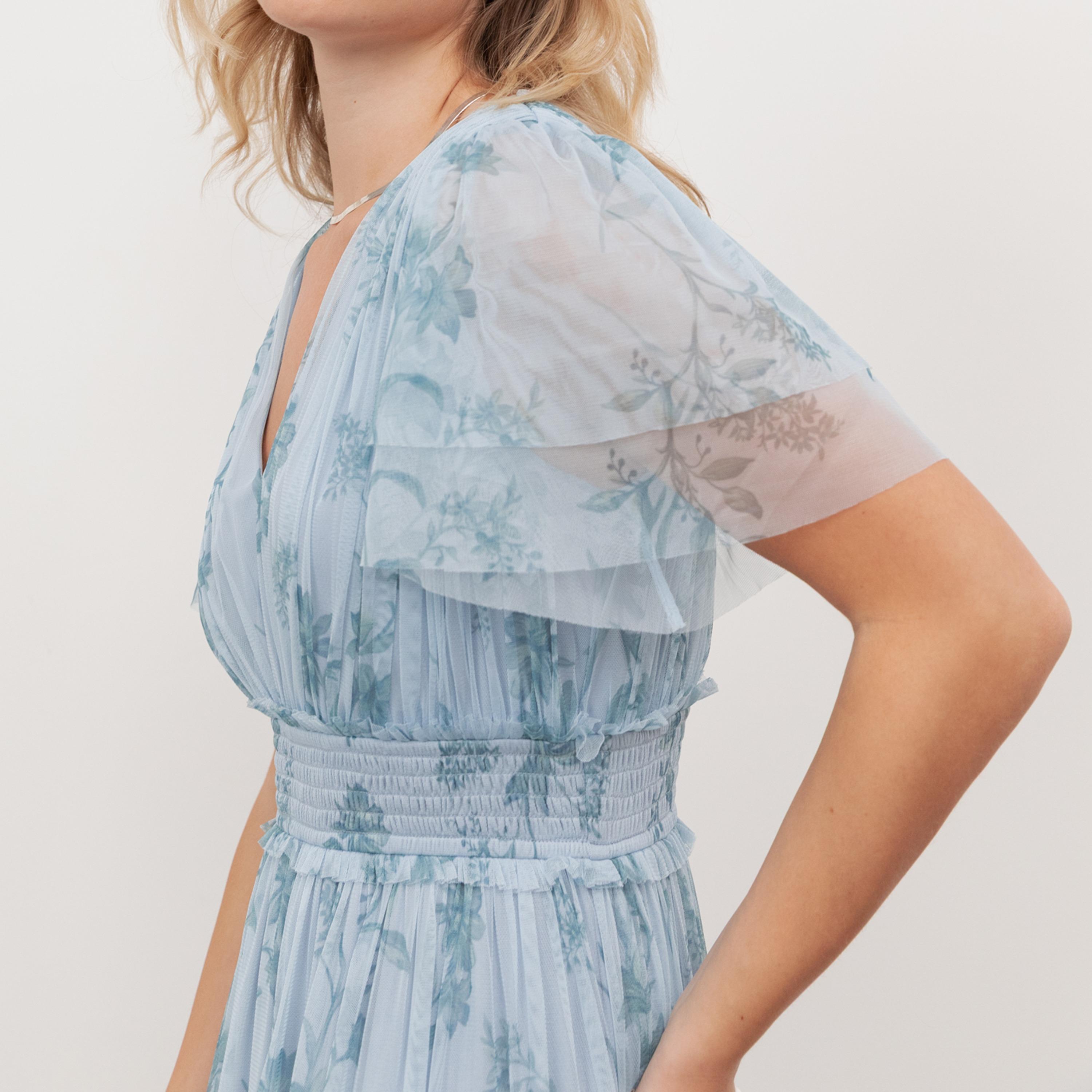 Anaya With Love Recycled Blue Floral Print Tulle Flutter Sleeves Layered Women's Maxi Dress-women-clothing-dresses-image-3