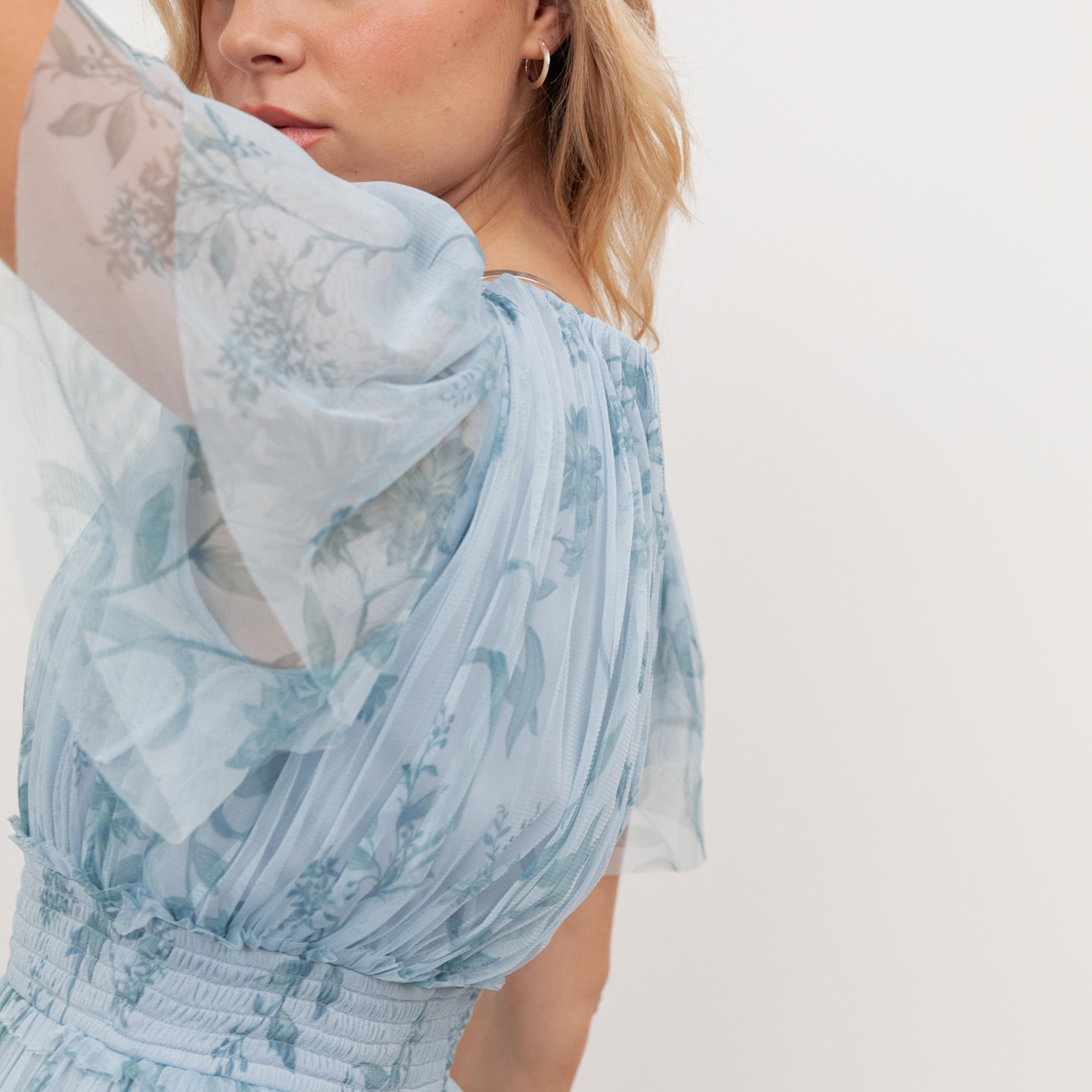 Anaya With Love Recycled Blue Floral Print Tulle Flutter Sleeves Layered Women's Maxi Dress-women-clothing-dresses-image-4