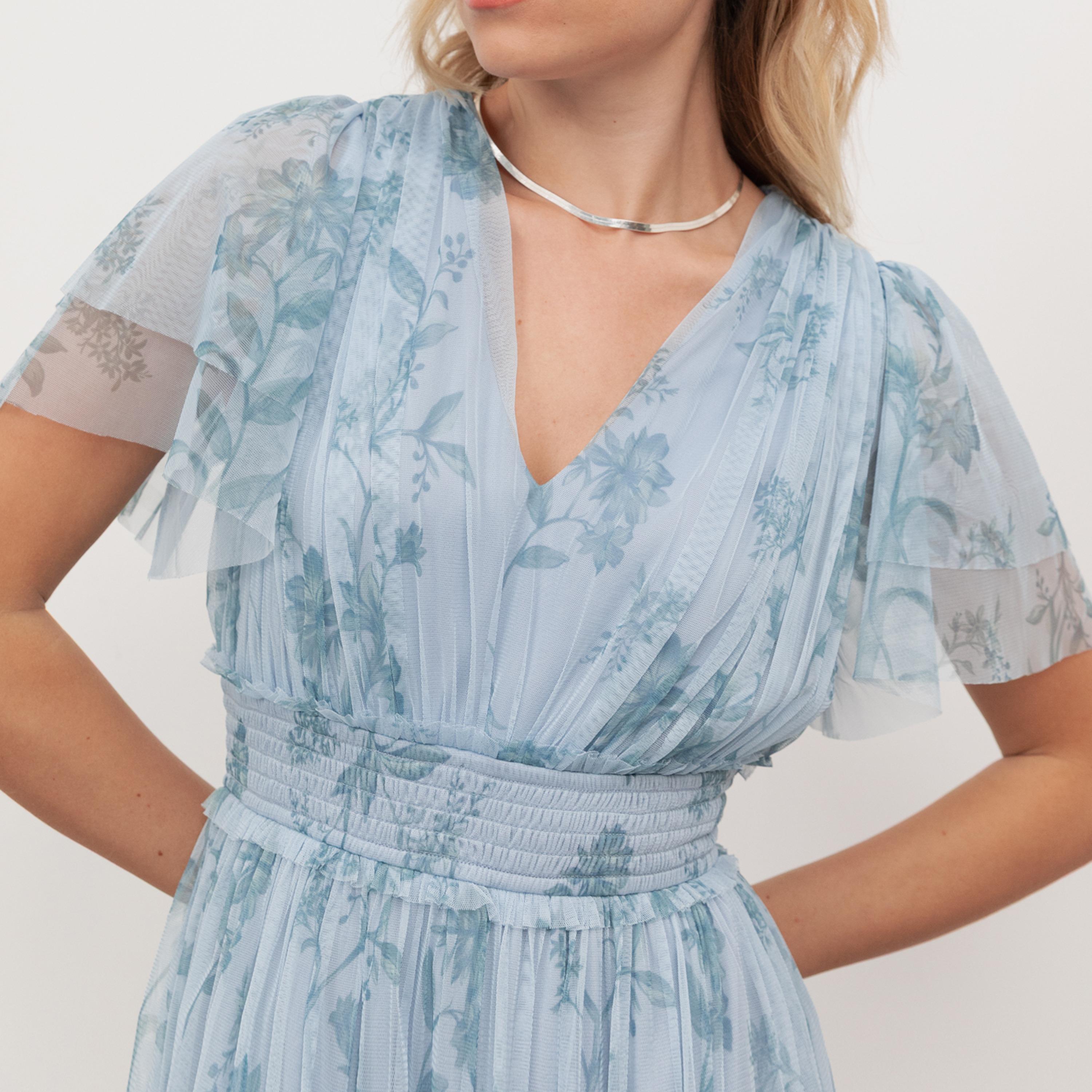 Anaya With Love Recycled Blue Floral Print Tulle Flutter Sleeves Layered Women's Maxi Dress-women-clothing-dresses-image-5