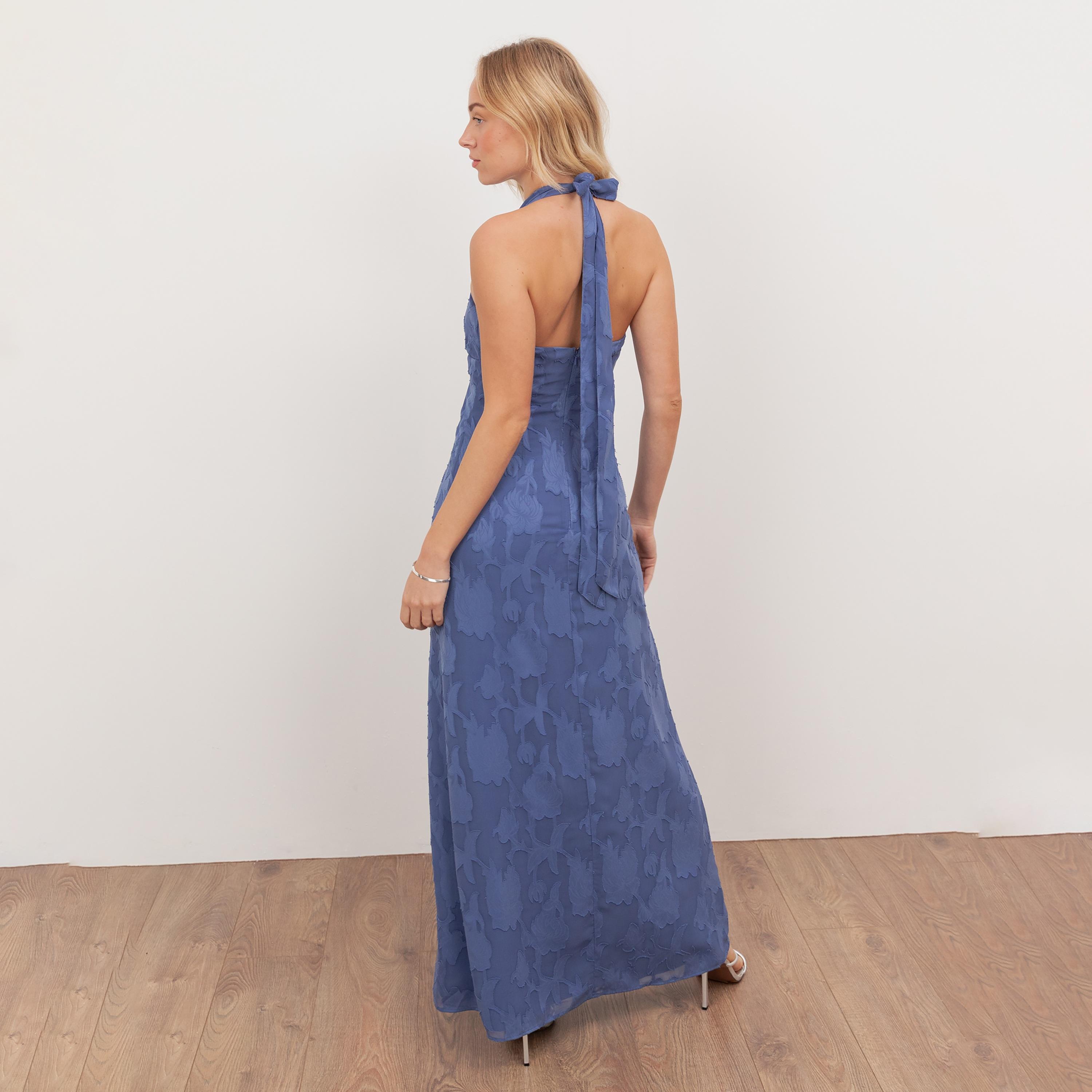 Anaya With Love Recycled Azure Blue Burnout Floral Georgette Halter Neck Slit Women's Maxi Dress-women-clothing-dresses-image-2