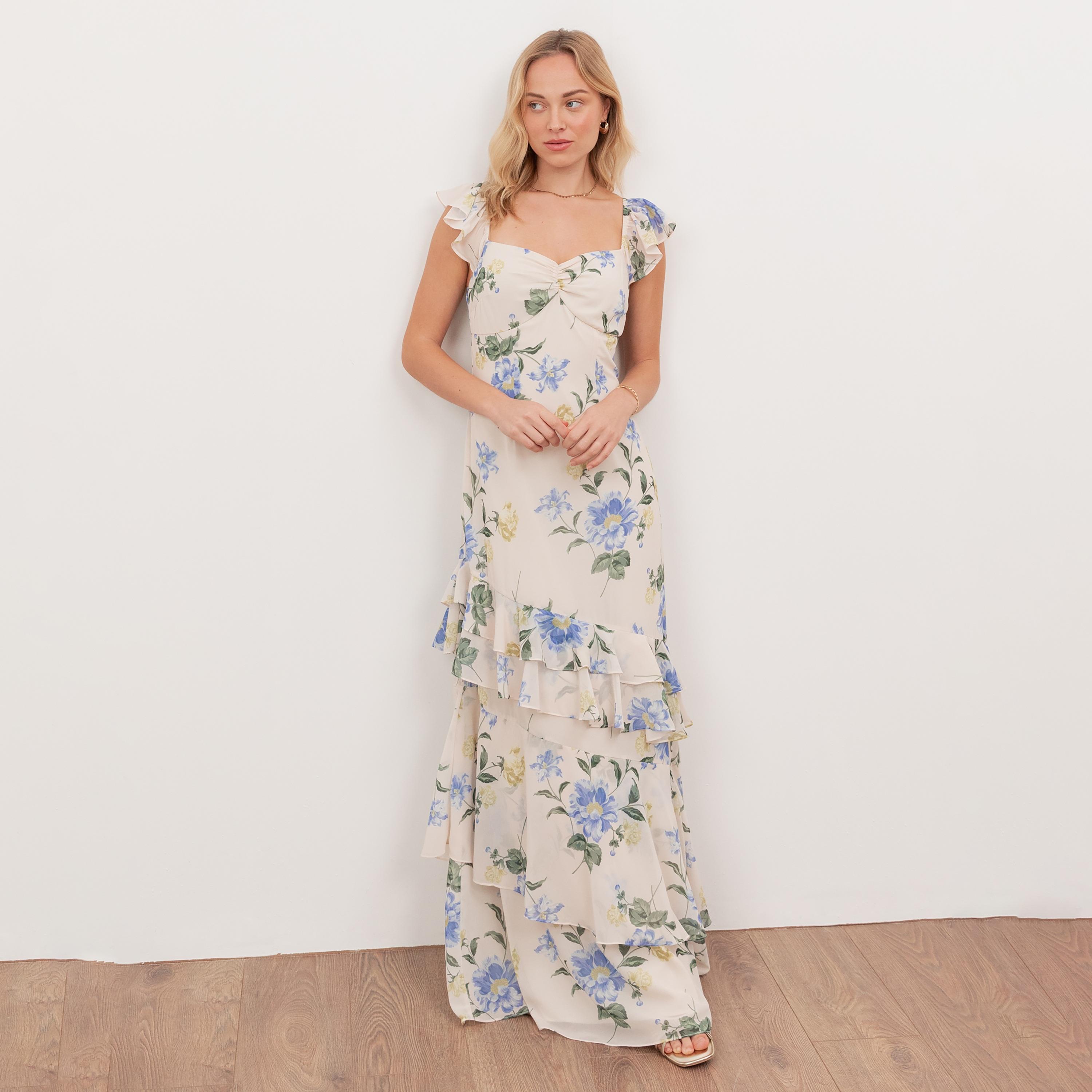فستان ماكسي نسائي من أنايا ويز لاف، بطبعة زهور عاجية، بياقة قلب وأكمام بكشكش-women-clothing-dresses-image-1