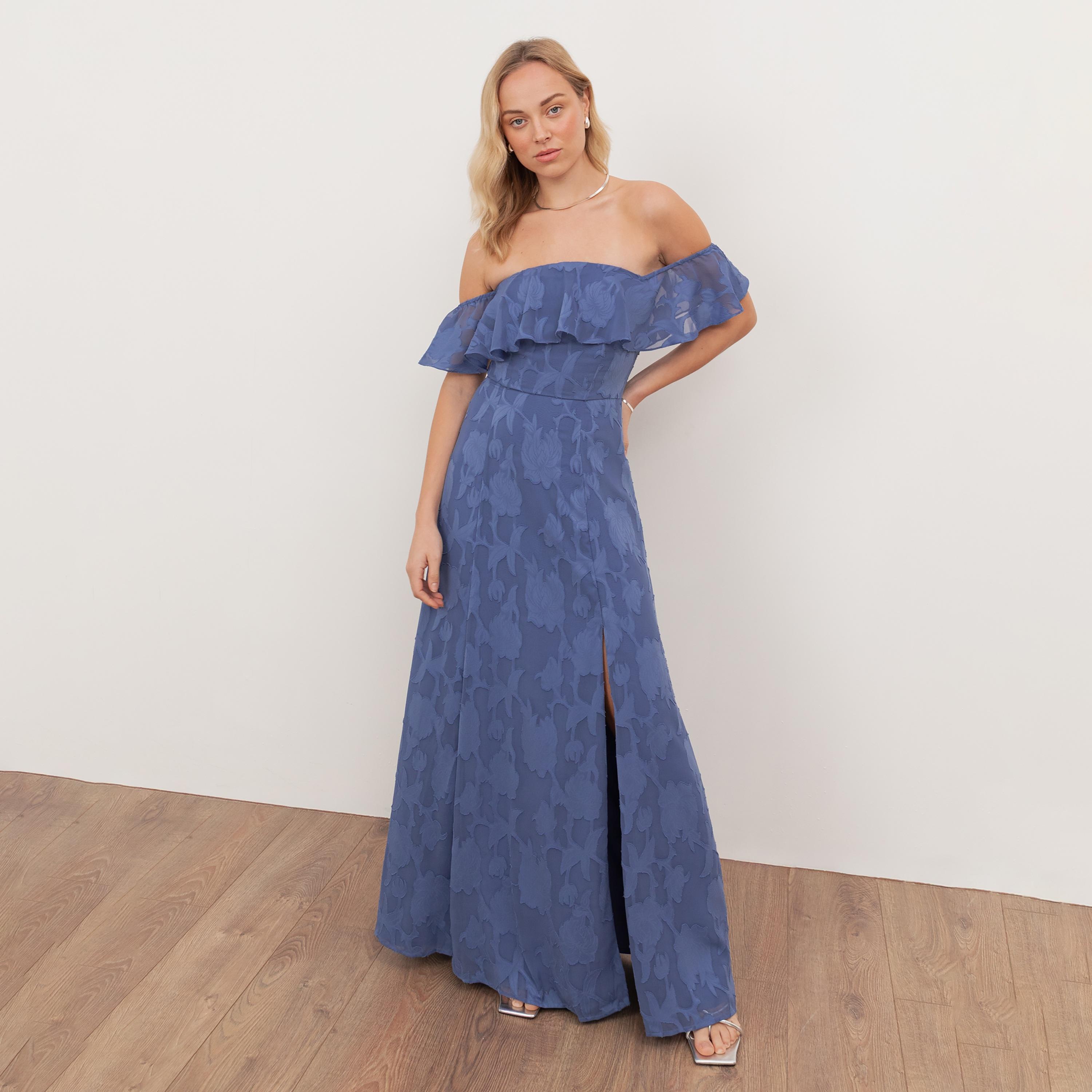 Anaya With Love Azure Blue Burnout Floral Georgette Off-Shoulder Fit & Flared Women's Maxi Dress-women-clothing-dresses-image-1