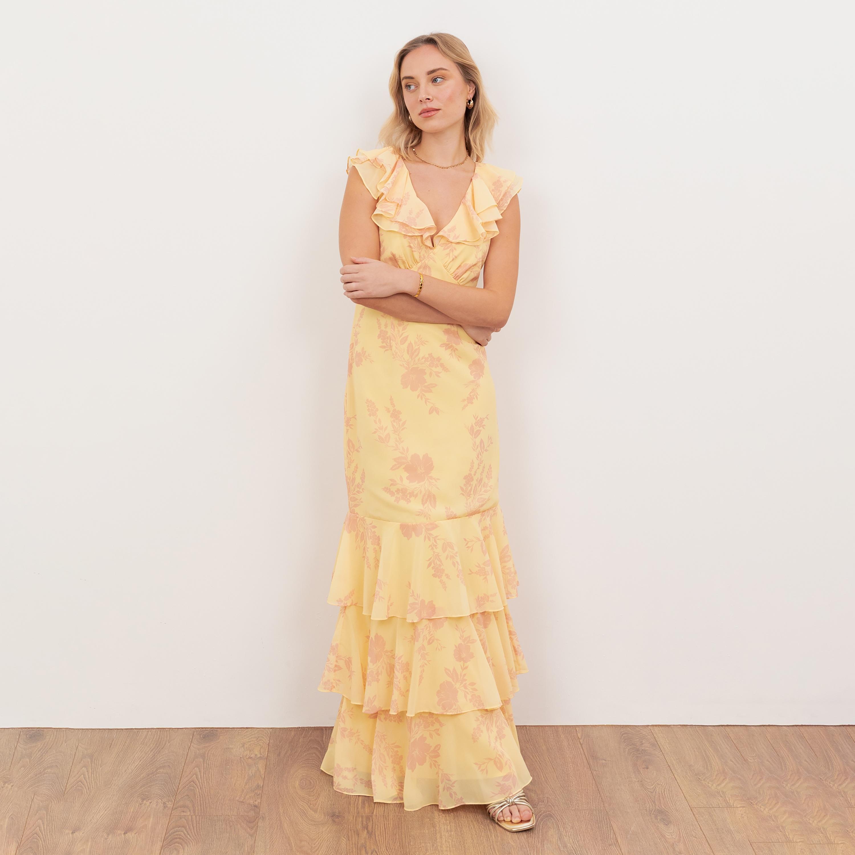 Anaya With Love Recycled Yellow Floral Print Georgette Ruffled Women's Maxi Dress-women-clothing-dresses-image-1