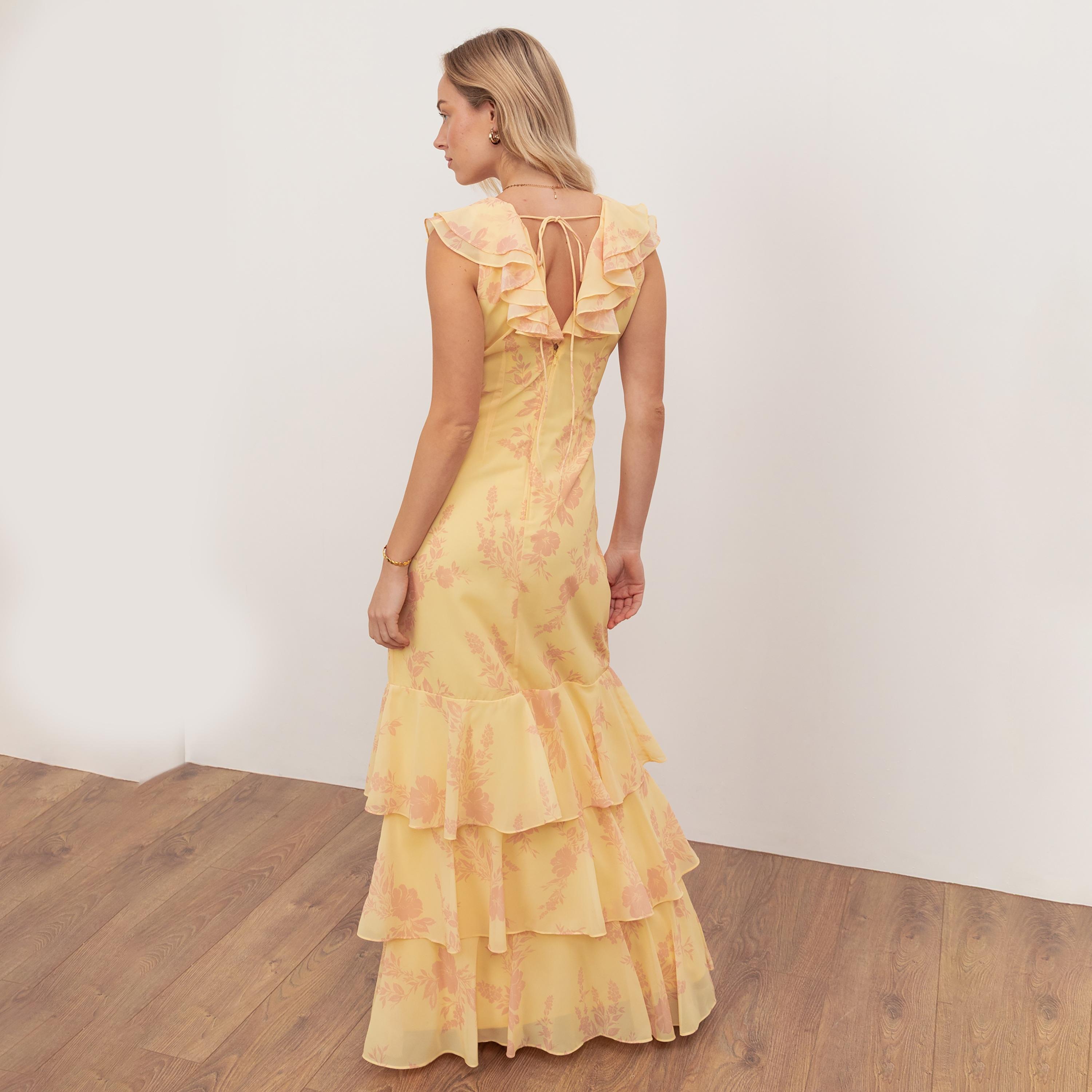 Anaya With Love Recycled Yellow Floral Print Georgette Ruffled Women's Maxi Dress-women-clothing-dresses-image-2