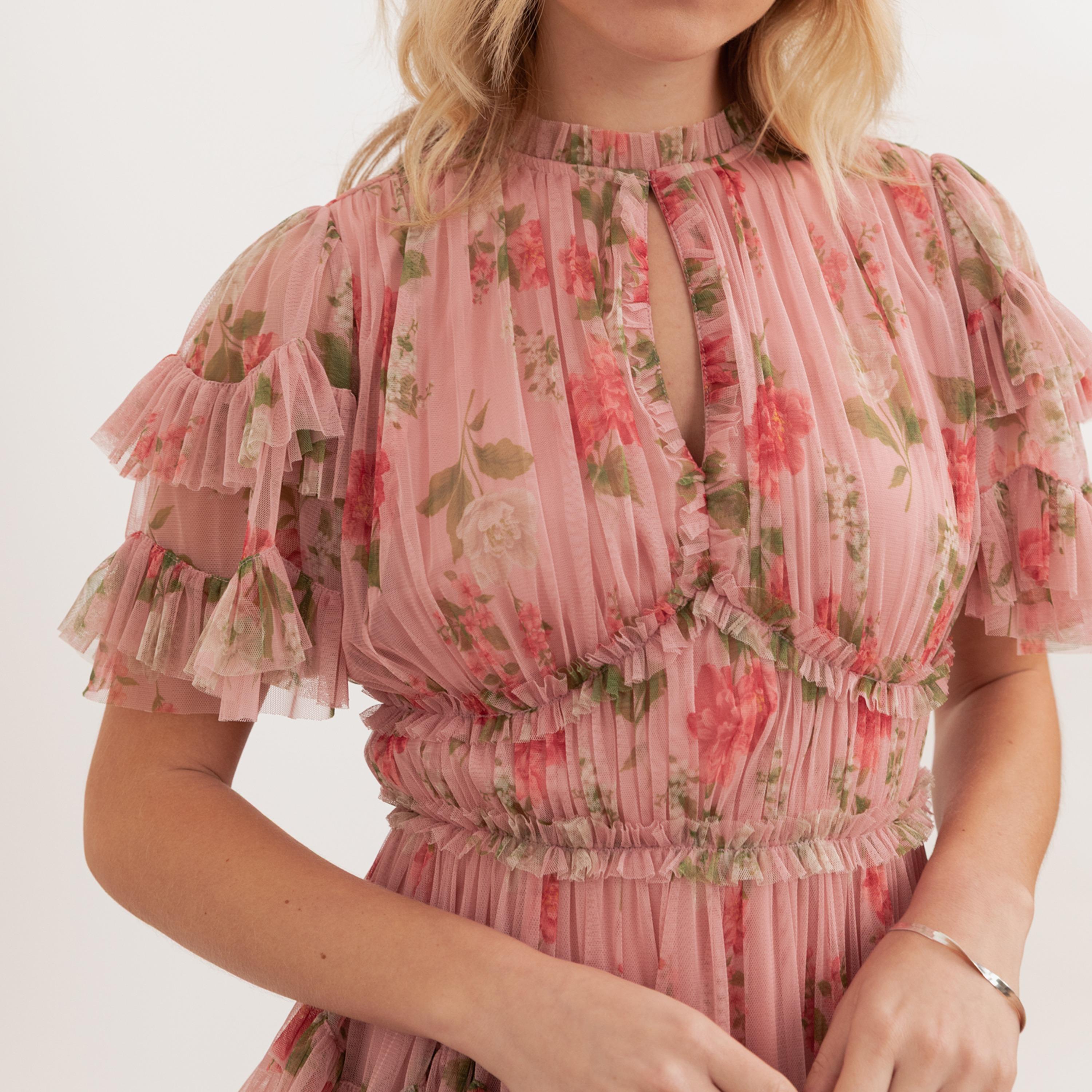 Anaya With Love Pink Floral Print Tulle Ruffle Neck Ruffled Women's Mini Dress-women-clothing-dresses-image-4