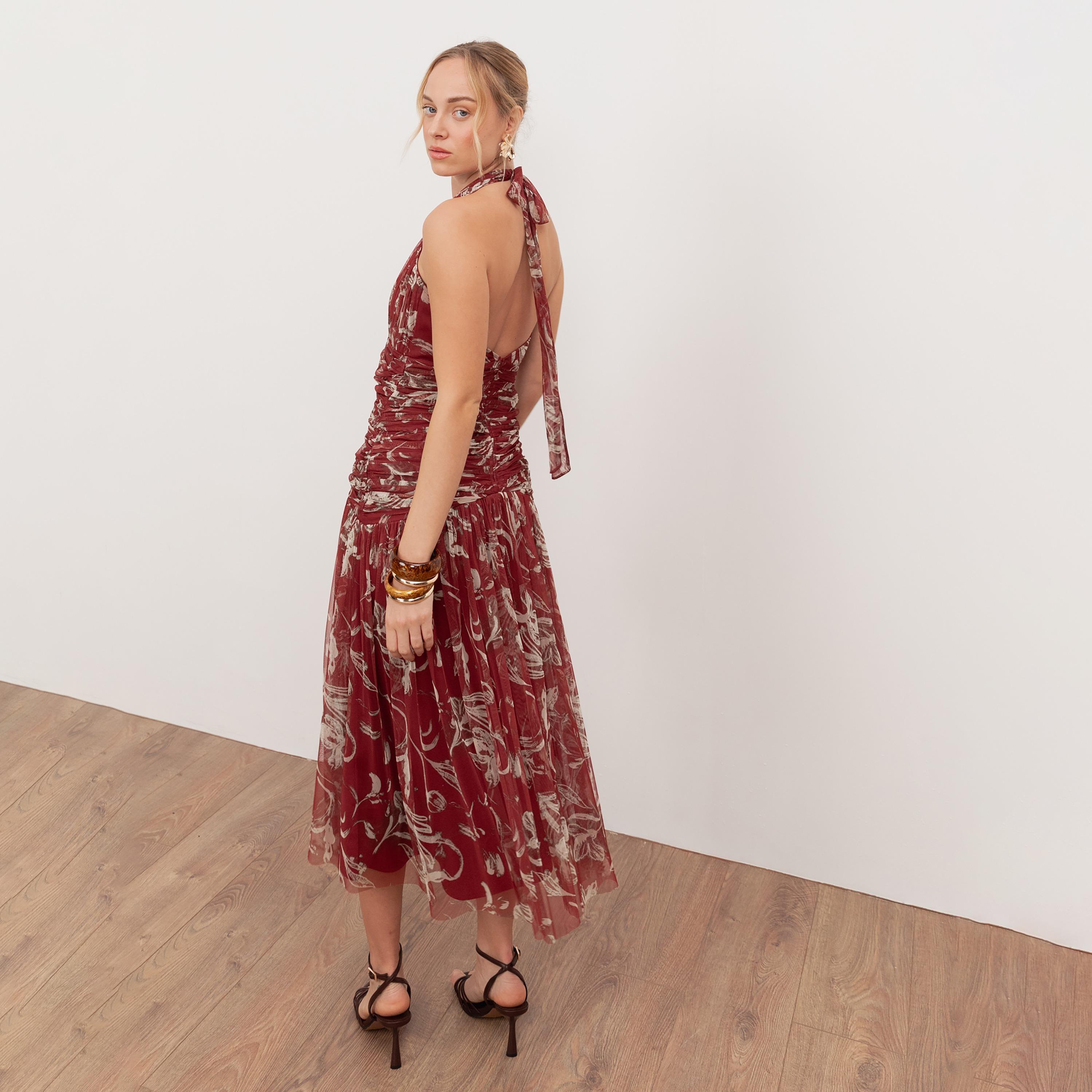 Anaya With Love Recycled Rust Floral Ruched Tulle Halter Neck Drop-Waist Women's Midi Dress-women-clothing-dresses-image-2