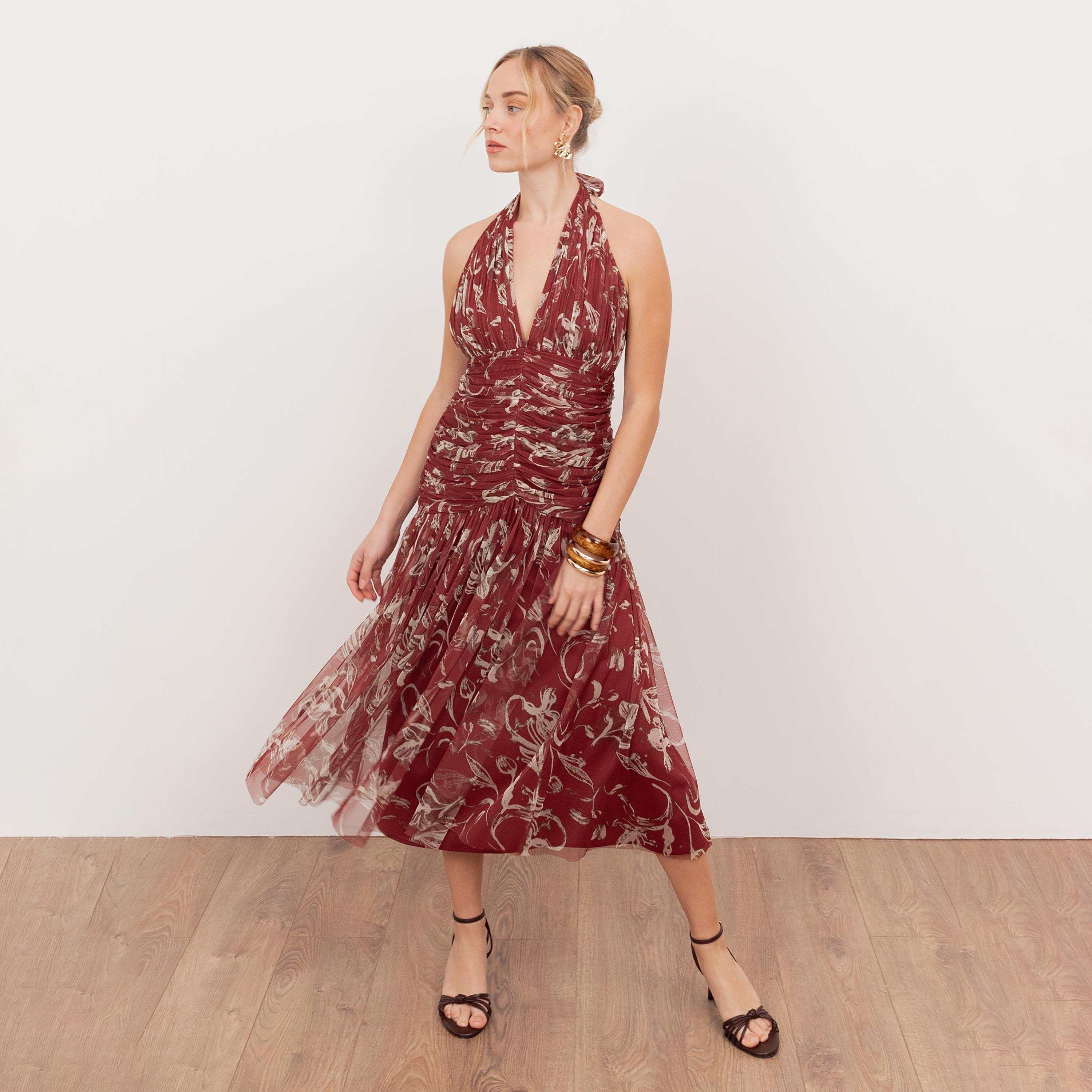 Anaya With Love Recycled Rust Floral Ruched Tulle Halter Neck Drop-Waist Women's Midi Dress-women-clothing-dresses-image-3