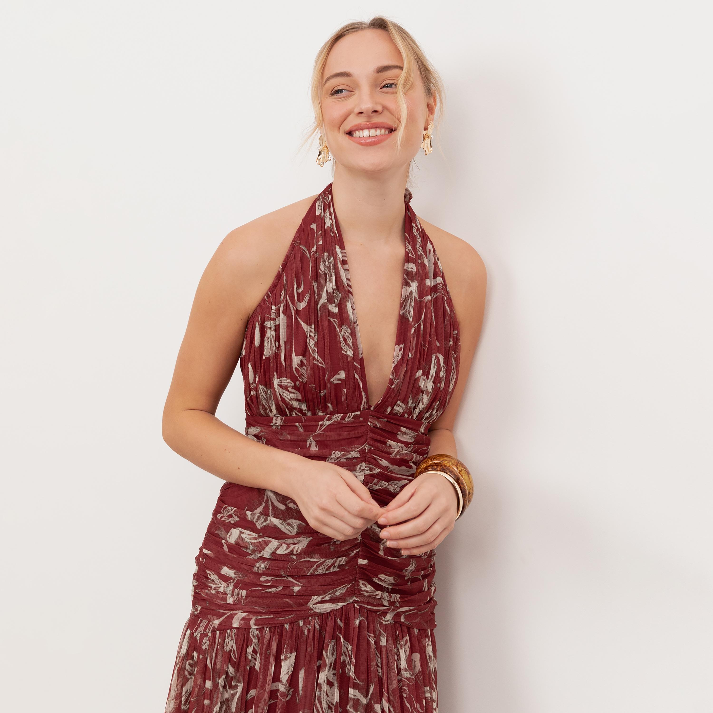 Anaya With Love Recycled Rust Floral Ruched Tulle Halter Neck Drop-Waist Women's Midi Dress-women-clothing-dresses-image-4
