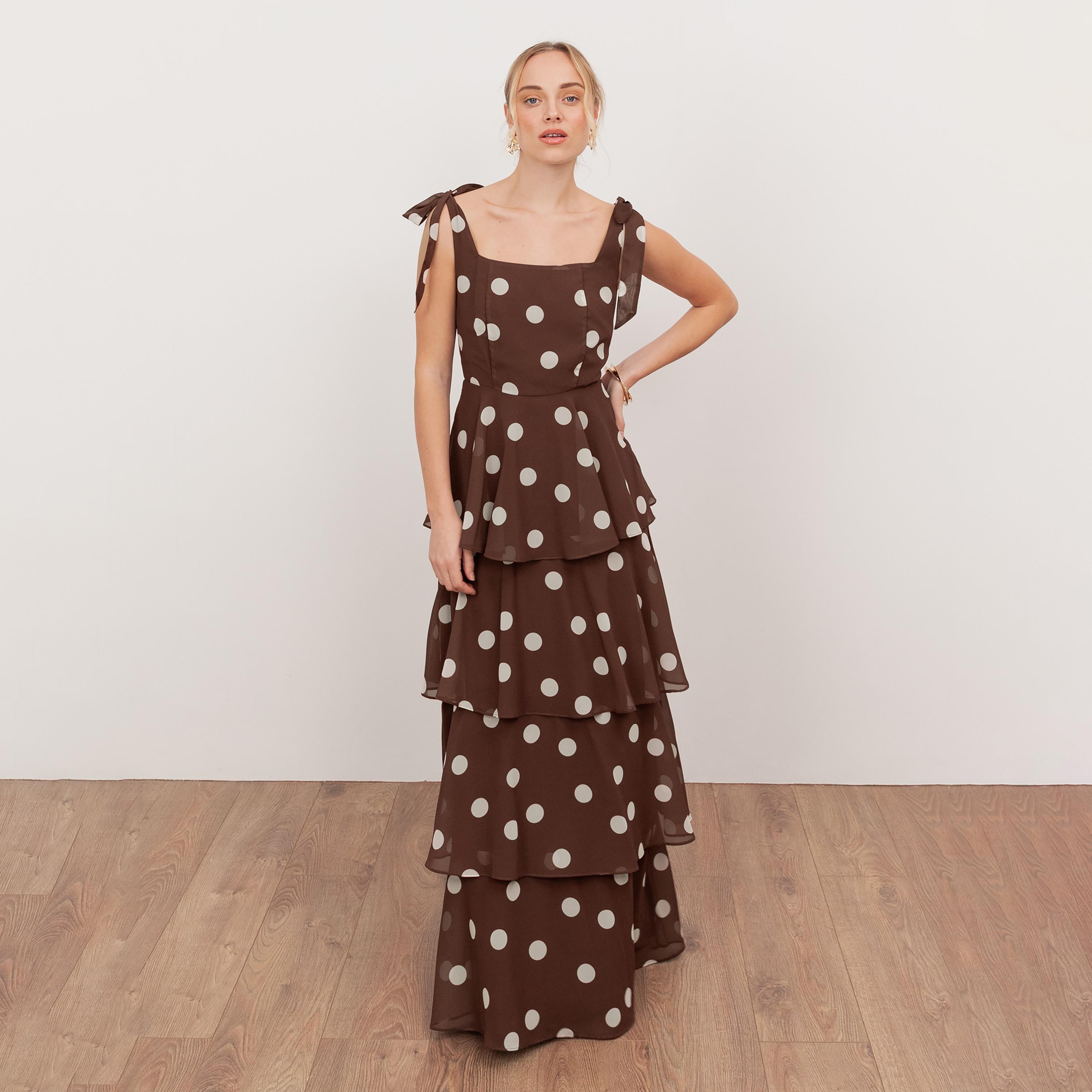 Anaya With Love Recycled Brown Polka Dot Georgette Square Neck Layered Women's Maxi Dress-women-clothing-dresses-image-1