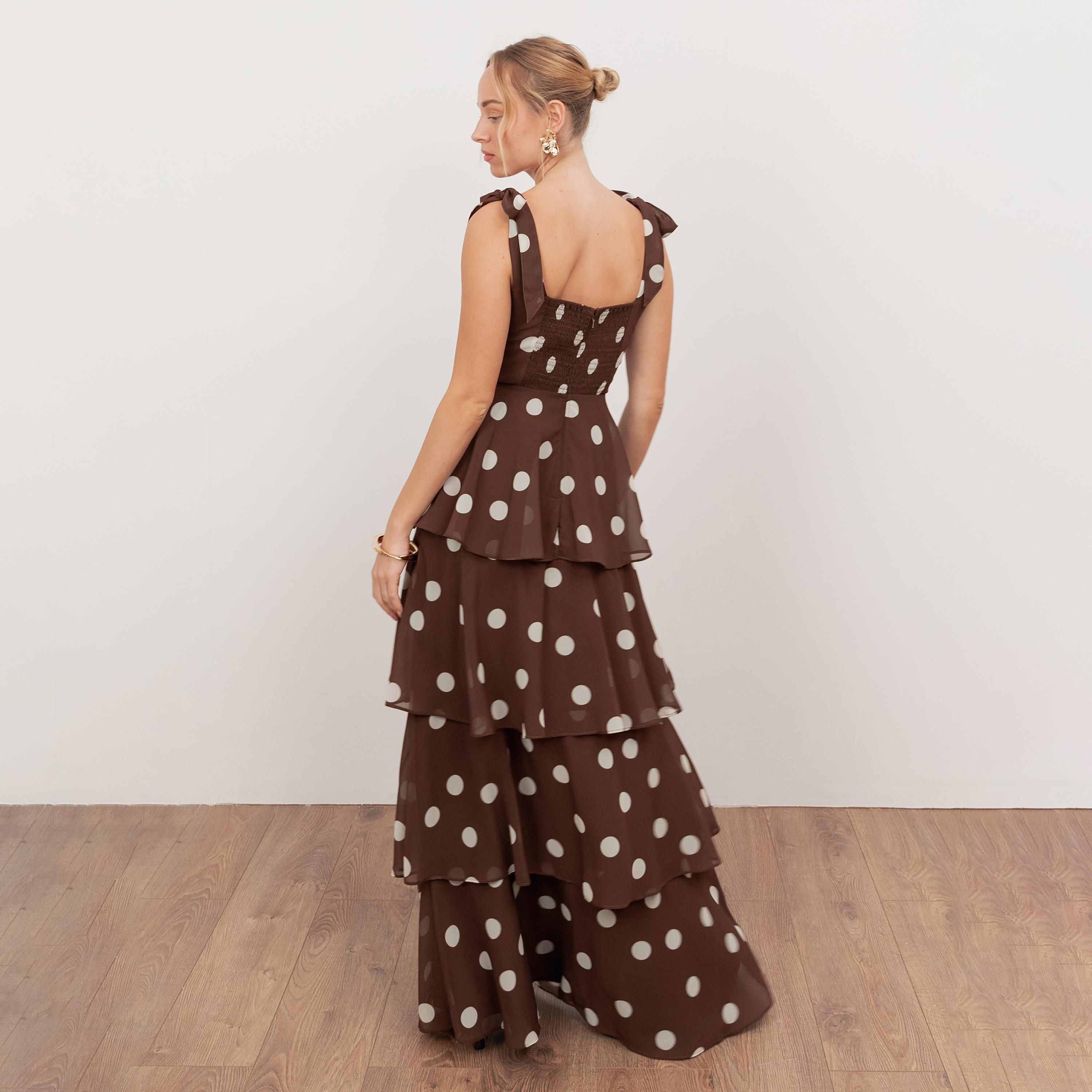 Anaya With Love Recycled Brown Polka Dot Georgette Square Neck Layered Women's Maxi Dress-women-clothing-dresses-image-2