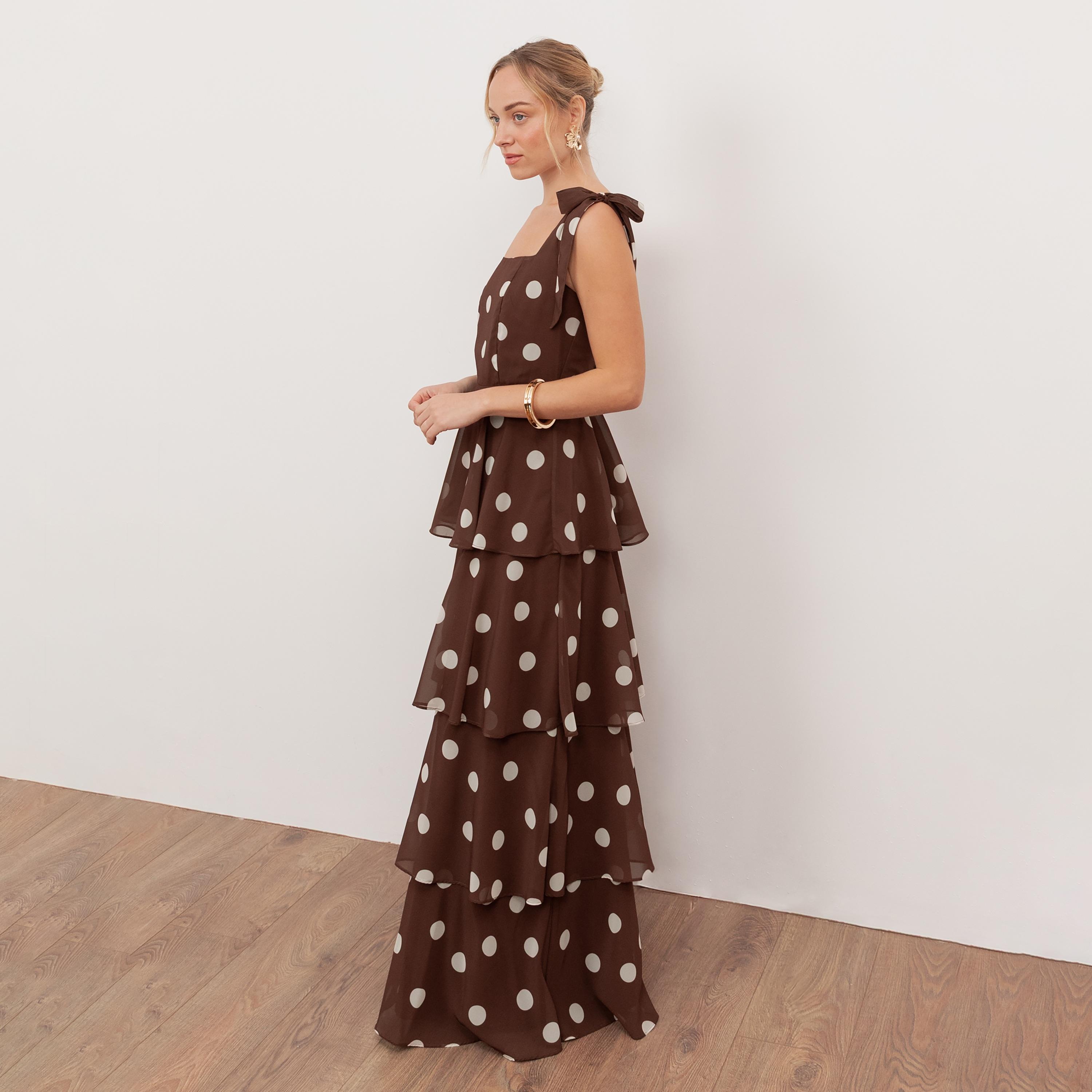 Anaya With Love Recycled Brown Polka Dot Georgette Square Neck Layered Women's Maxi Dress-women-clothing-dresses-image-3