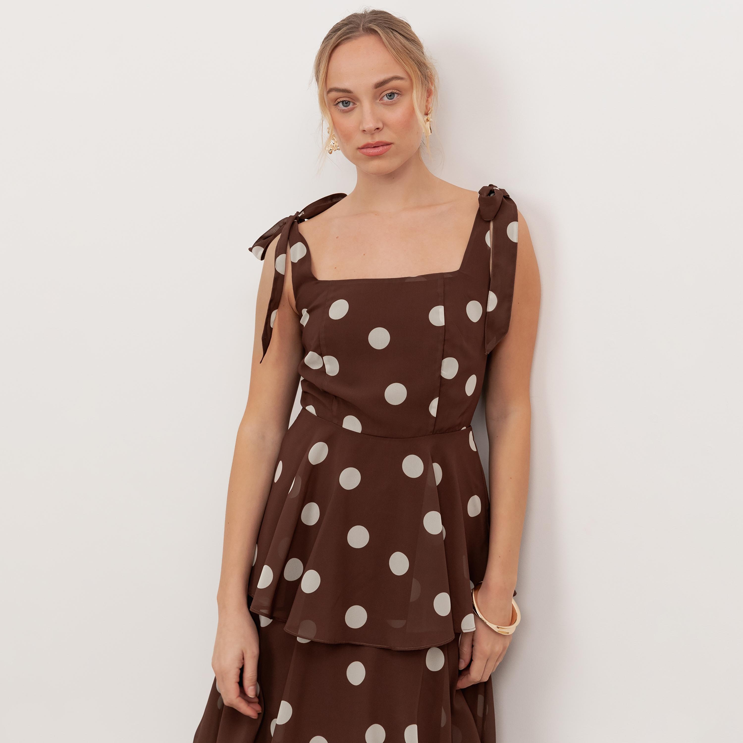Anaya With Love Recycled Brown Polka Dot Georgette Square Neck Layered Women's Maxi Dress-women-clothing-dresses-image-4