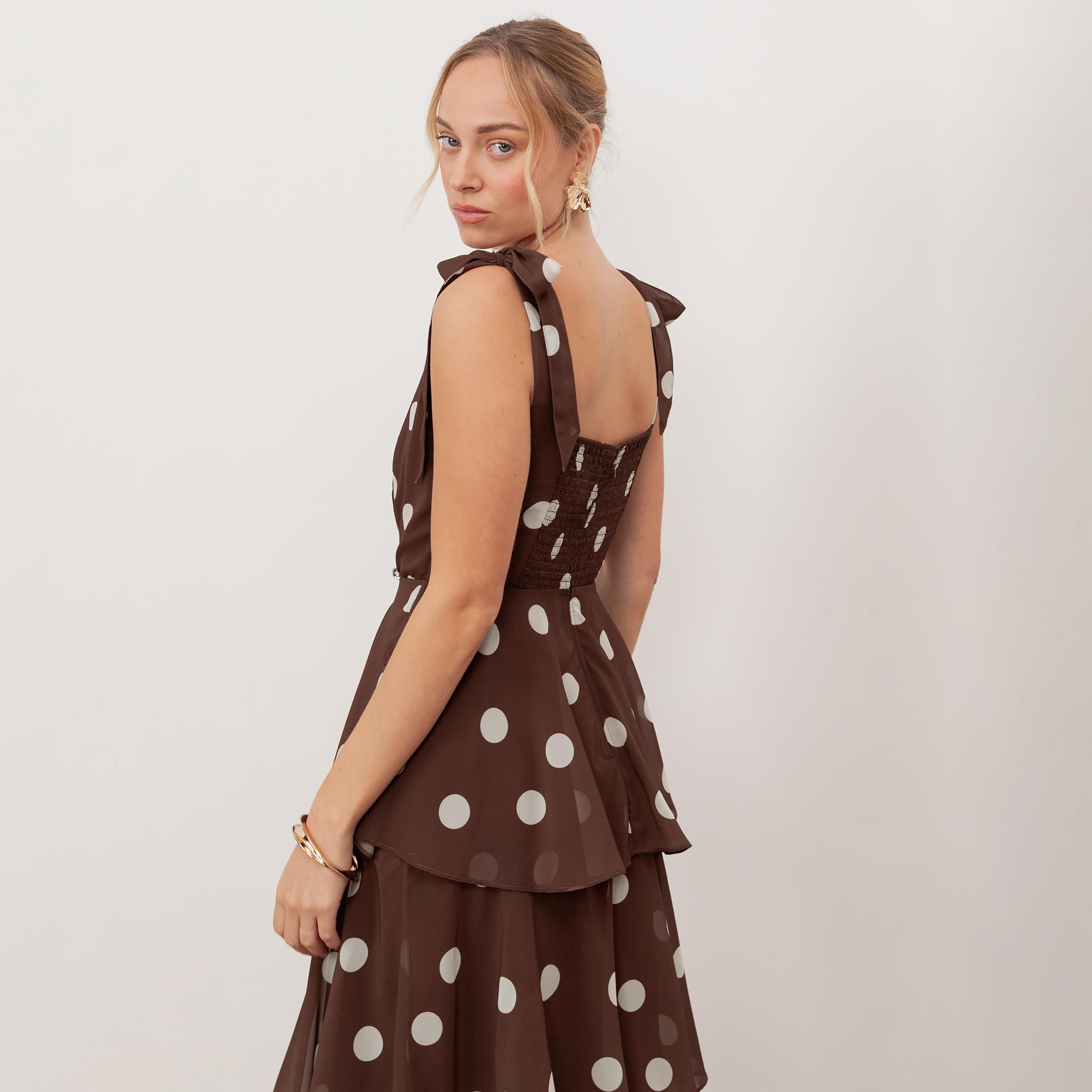 Anaya With Love Recycled Brown Polka Dot Georgette Square Neck Layered Women's Maxi Dress-women-clothing-dresses-image-5