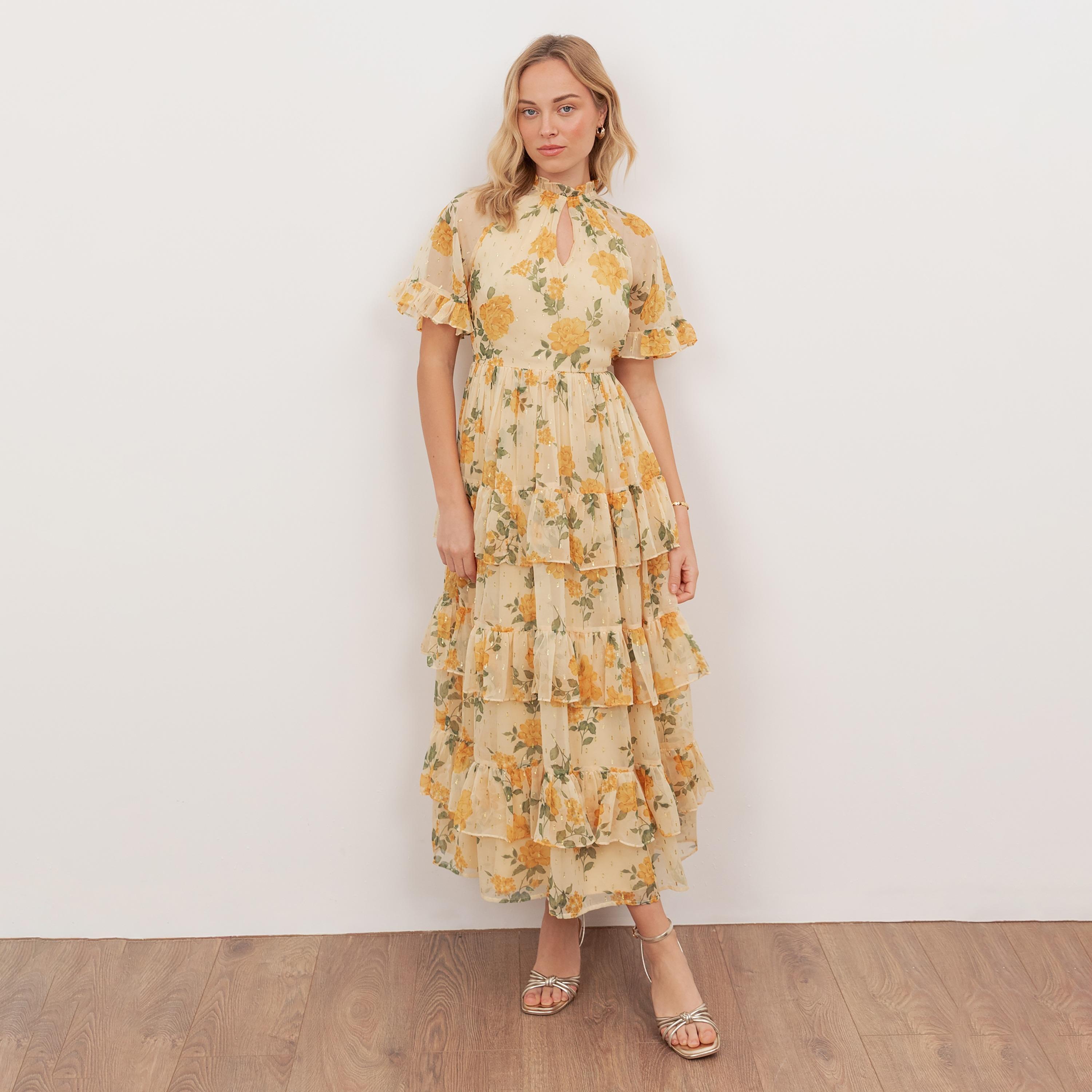 Anaya With Love Yellow Floral Print Chiffon Ruffle Neck Tiered Women's Midi Dress-women-clothing-dresses-image-1