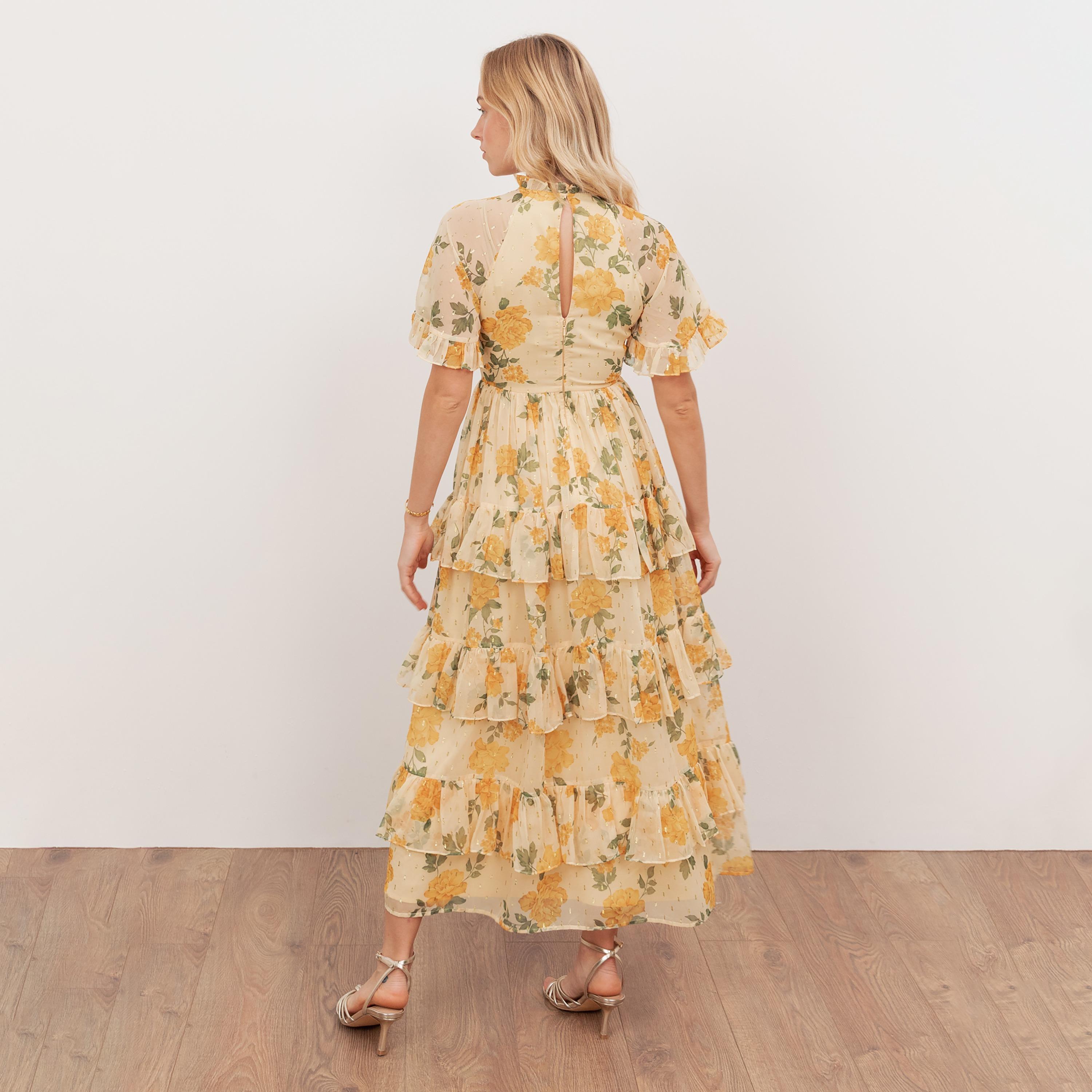 Anaya With Love Yellow Floral Print Chiffon Ruffle Neck Tiered Women's Midi Dress-women-clothing-dresses-image-2