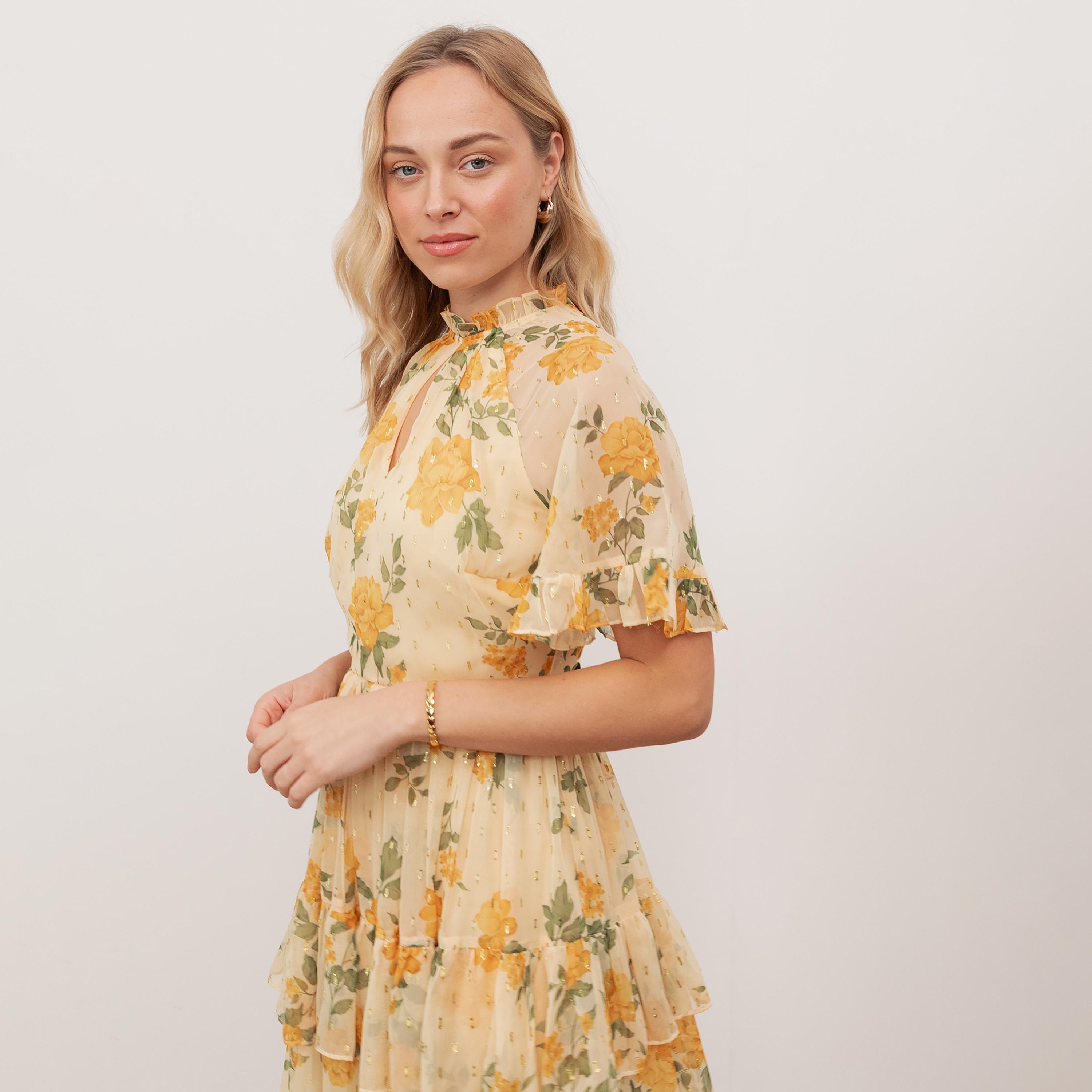 Anaya With Love Yellow Floral Print Chiffon Ruffle Neck Tiered Women's Midi Dress-women-clothing-dresses-image-3