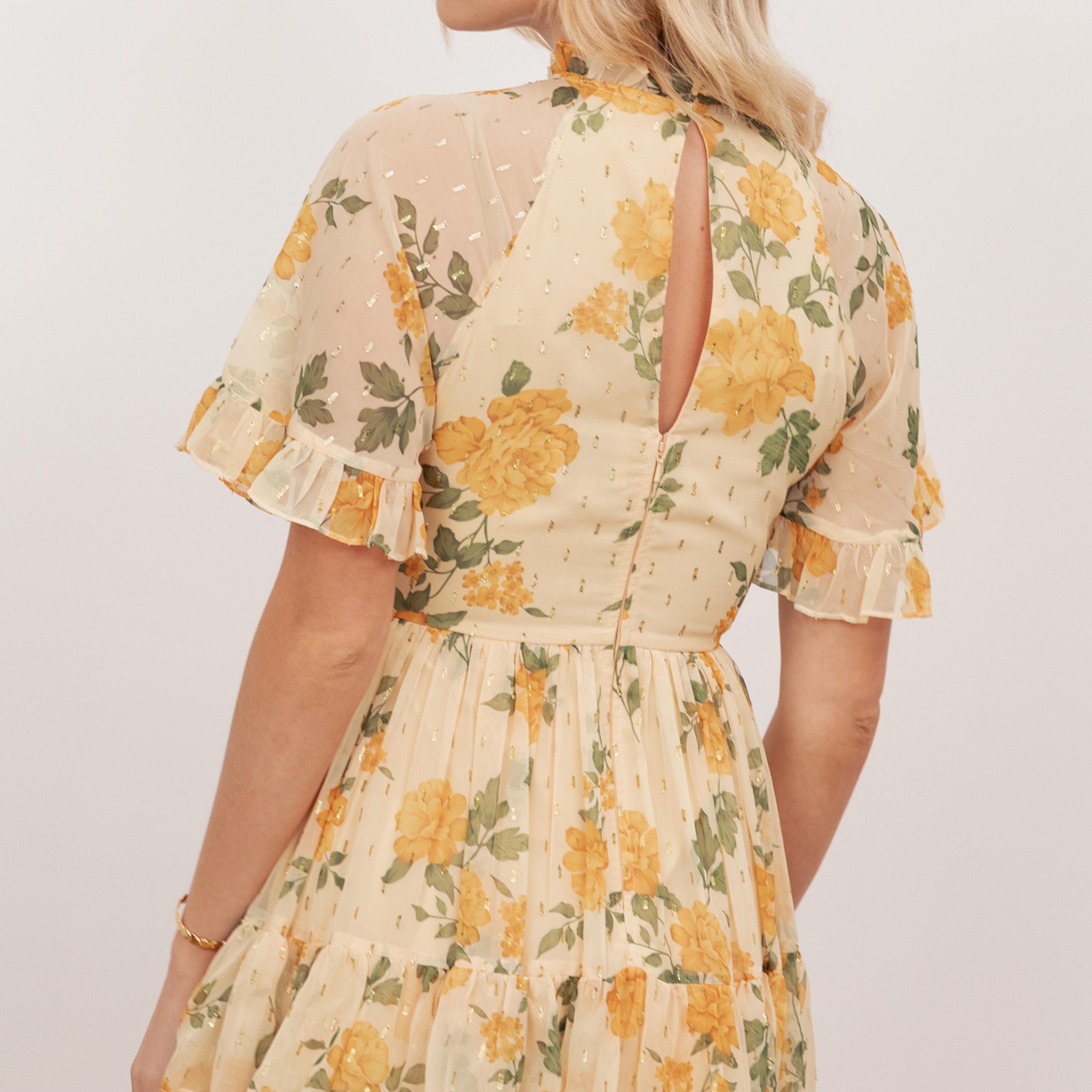 Anaya With Love Yellow Floral Print Chiffon Ruffle Neck Tiered Women's Midi Dress-women-clothing-dresses-image-4