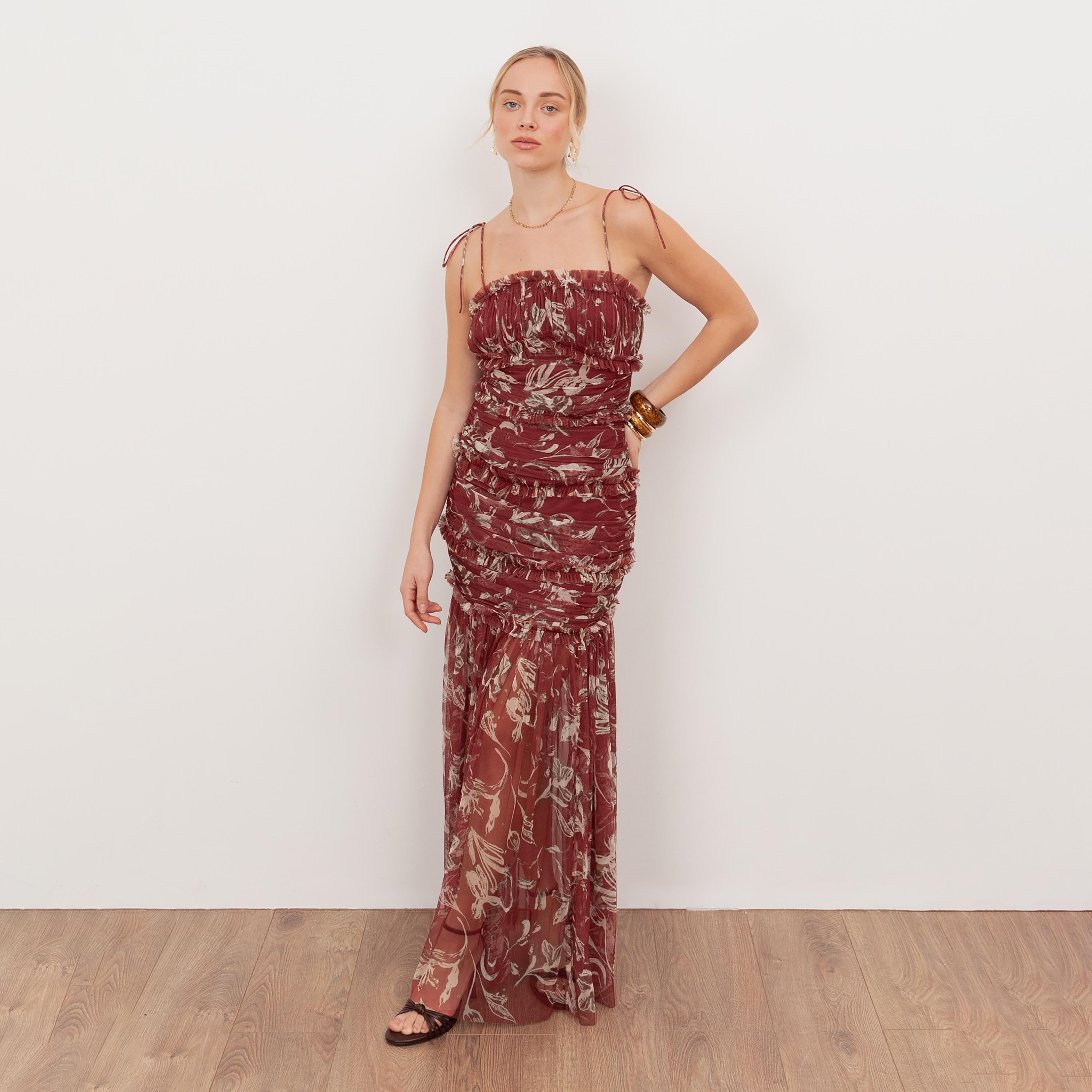 Anaya With Love Rust Ruched Floral Print Tulle Shoulder Straps Trumpet Women's Maxi Dress-women-clothing-dresses-image-1