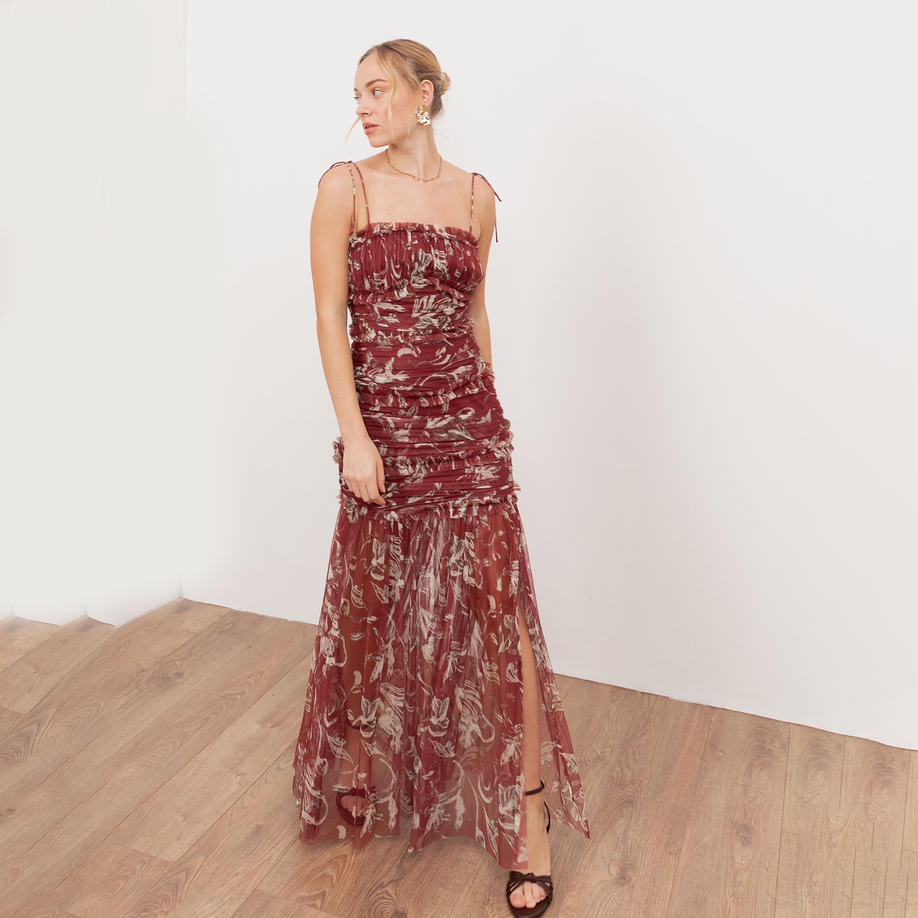 Anaya With Love Rust Ruched Floral Print Tulle Shoulder Straps Trumpet Women's Maxi Dress-women-clothing-dresses-image-3