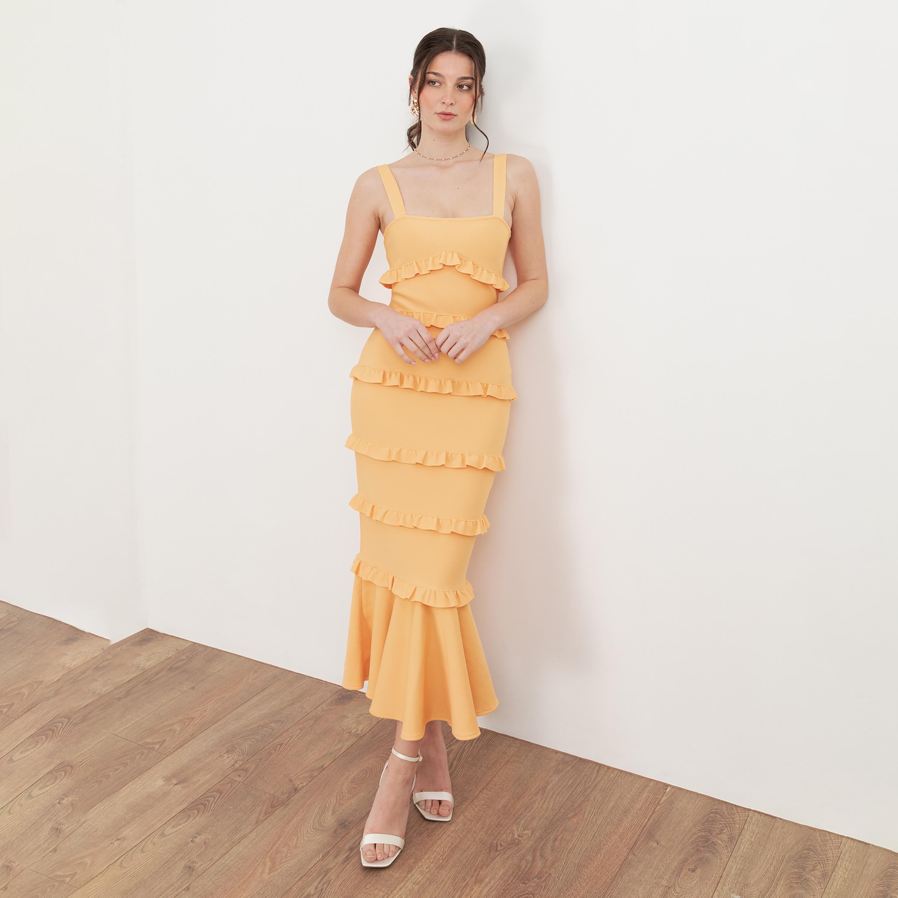 Maya Deluxe Amber Yellow Square Neck Mermaid Women's Midi Dress-women-clothing-dresses-image-1